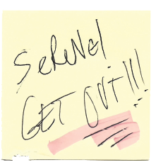 Duende - Serene's Sticky notes. Note with handwritten message 'SERENE! Get out!!' and pink highlighter.