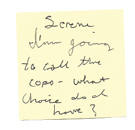 Duende - Serene's Sticky notes.  Handwritten yellow sticky note.