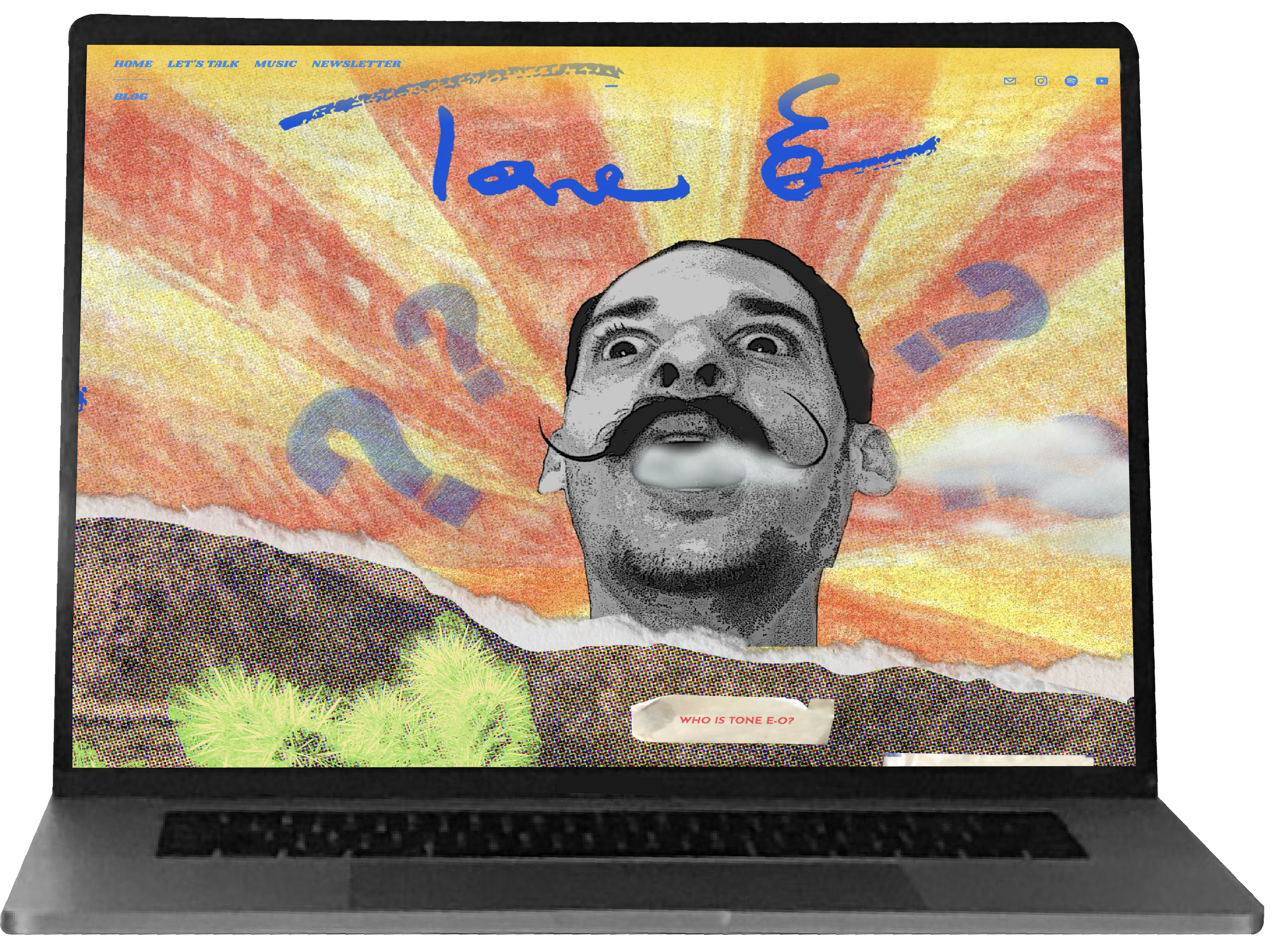 A digital collage of a laptop screen featuring a black and white photo of a man with a large mustache and beard, set against a vibrant, colorful background with abstract patterns, questions marks, and the word 'Love' written in blue.