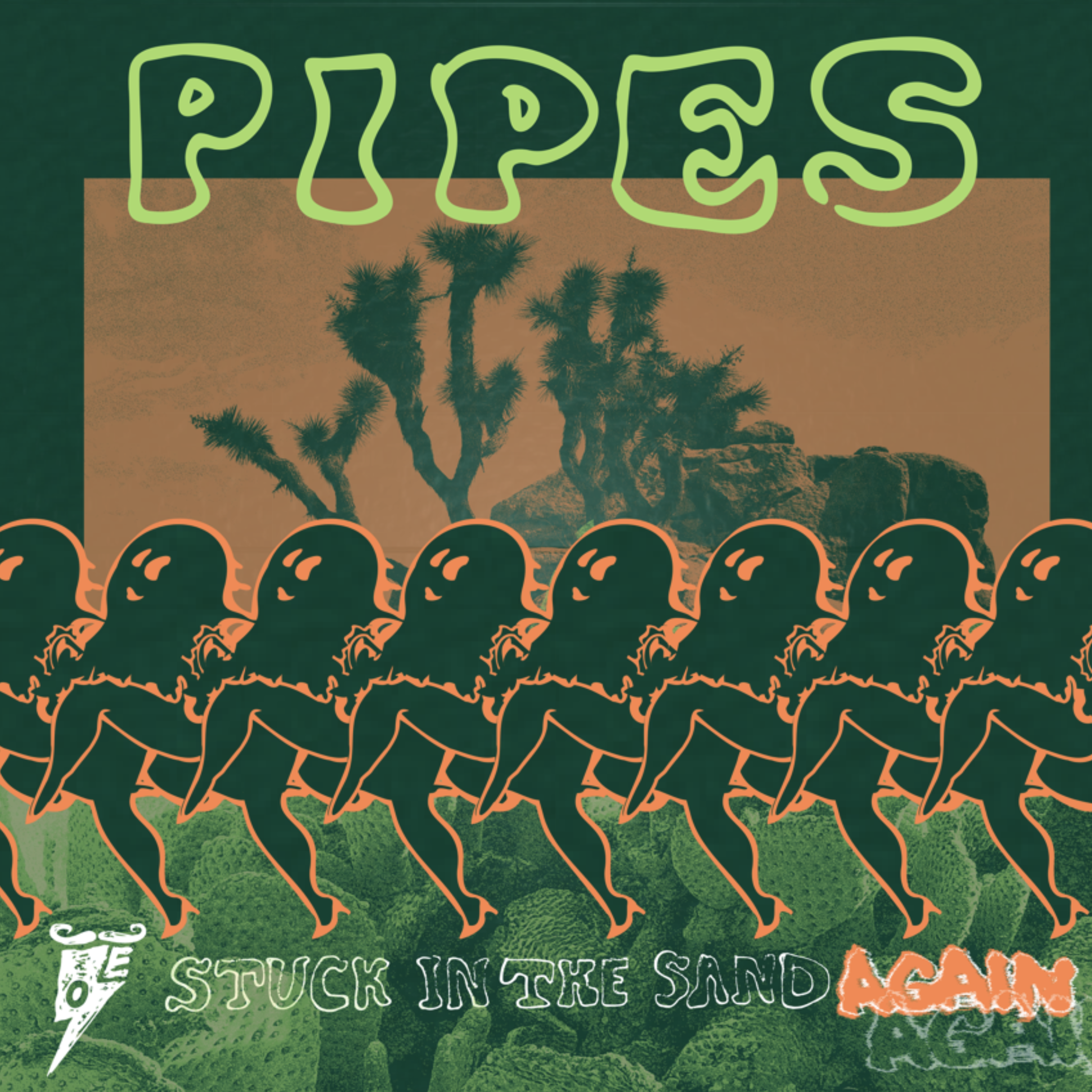 Illustration of a desert landscape with Joshua trees, with the word "PIPES" written in large green cartoon letters at the top.