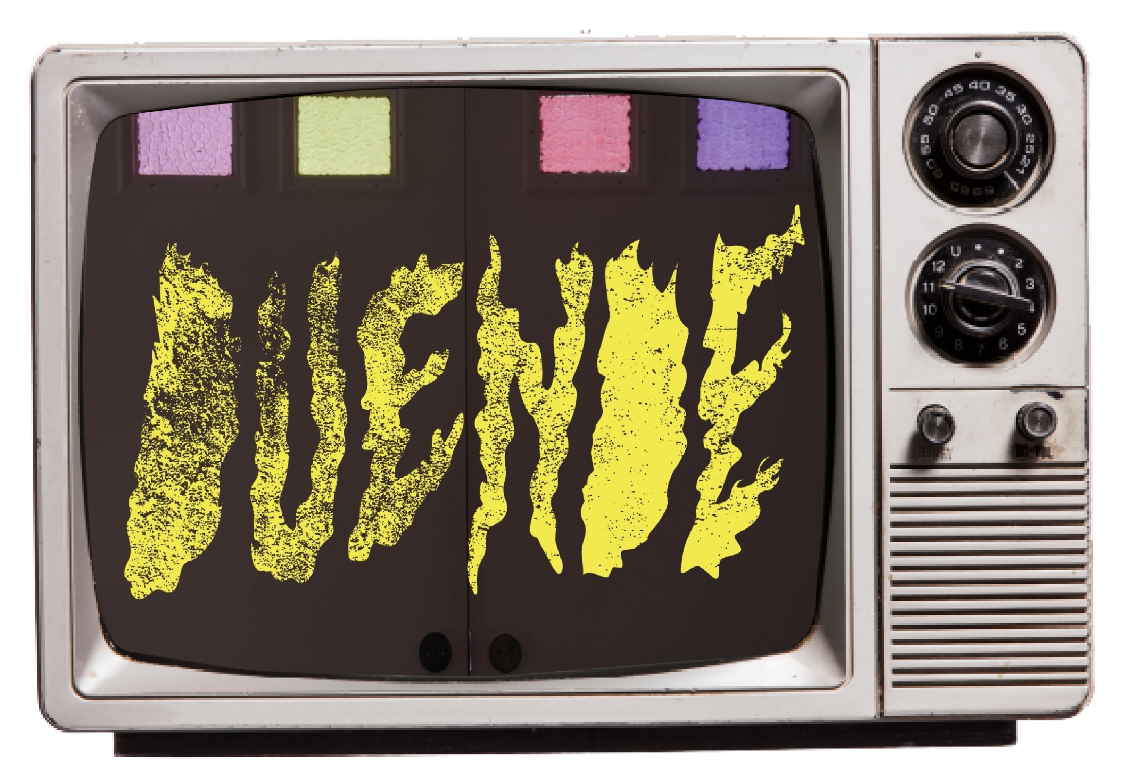 A vintage television displaying a black screen with a yellow, clawed monster claw graphic on it. The TV has dials on the right side and is surrounded by a metallic frame. Duende trailer plays.
