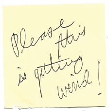 Duende - Serene's Sticky notes.  Handwritten note on a yellow sticky note that says, 'Please, this is getting weird!'