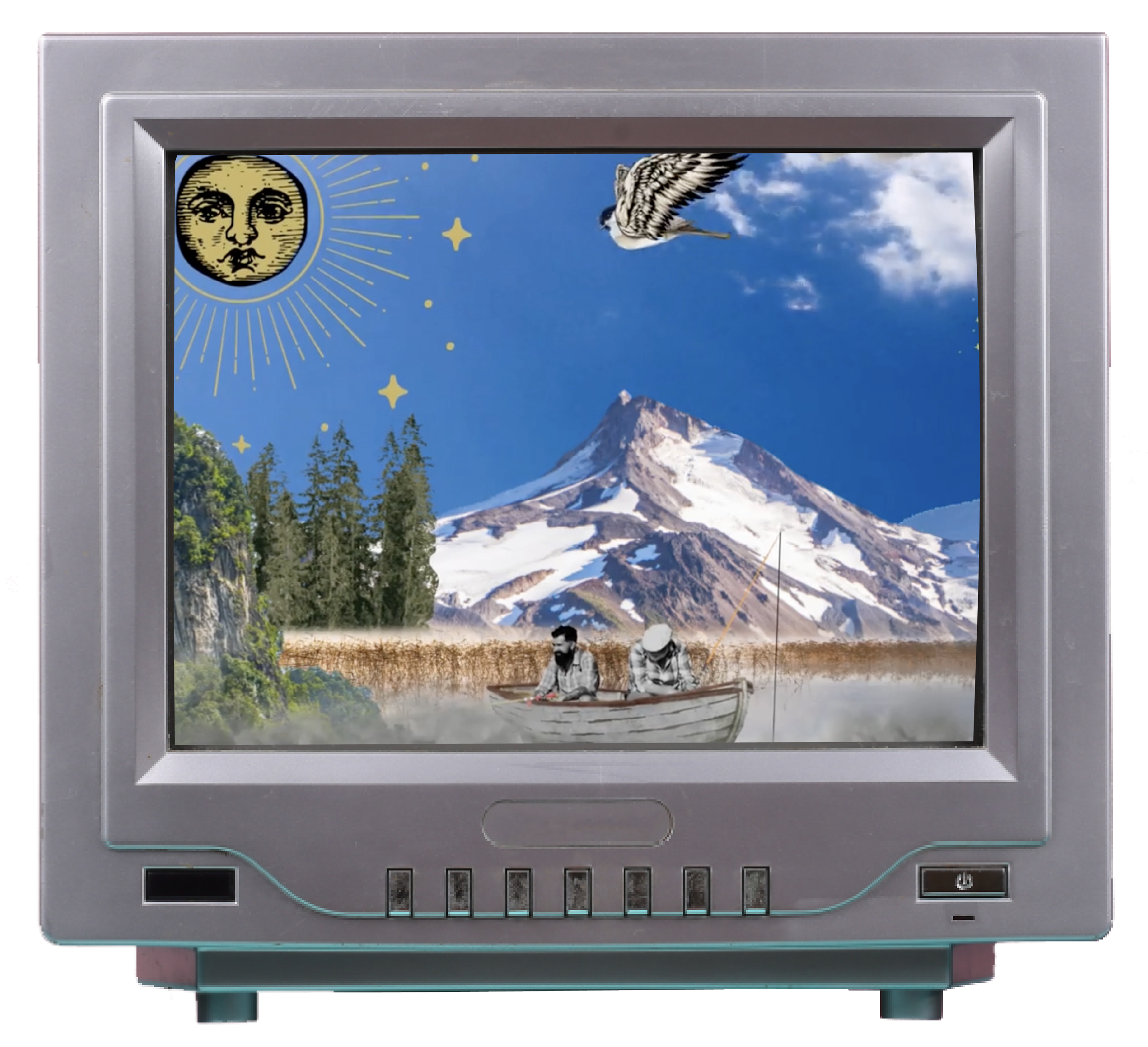 A digital screen displaying an image of a mountain with snow, a clear blue sky, a flying bird, and a sun with a face surrounded by yellow rays. Animations play.