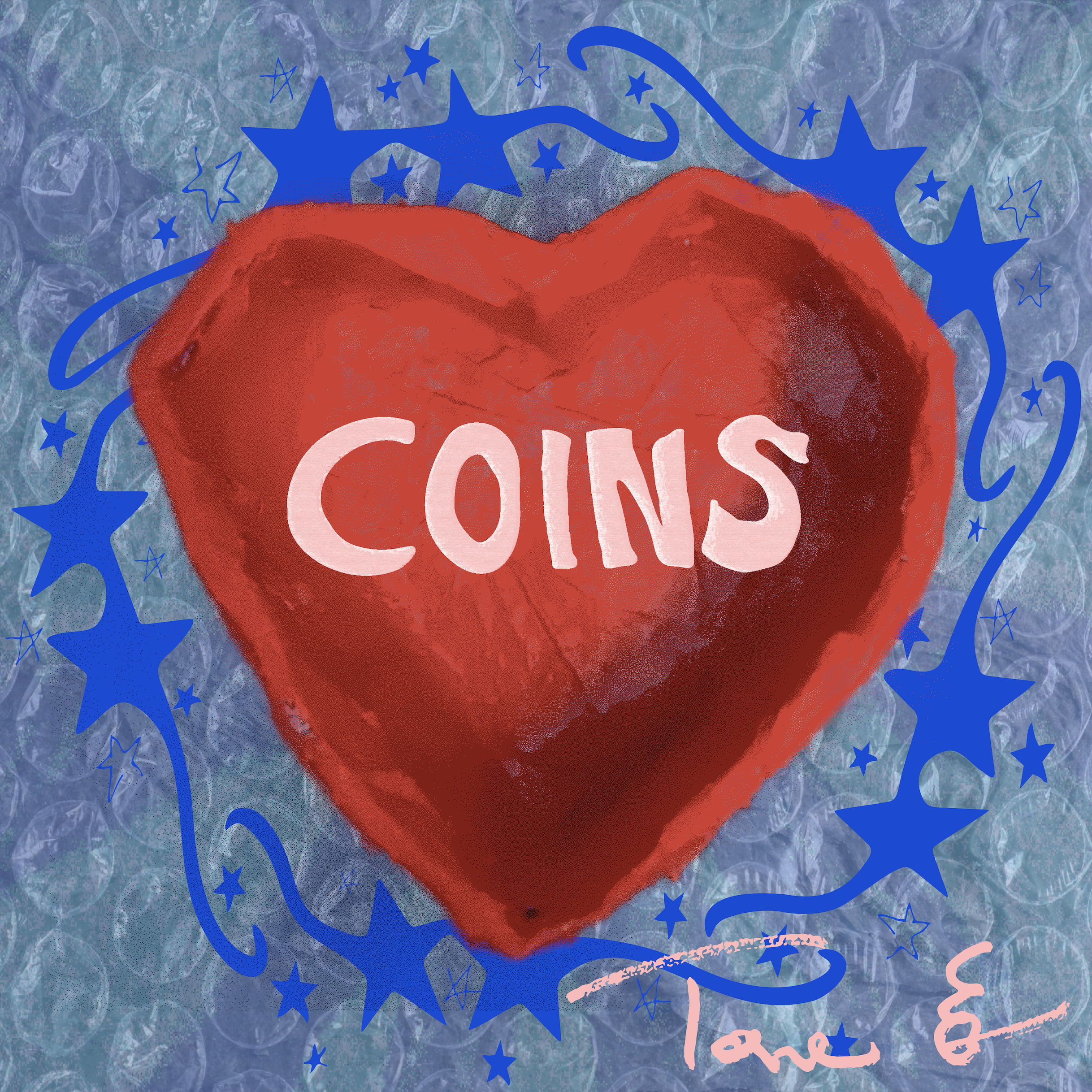 A heart-shaped item with the word 'COINS' written inside it, surrounded by blue star-shaped and curly designs on a background of ice cubes.