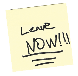 Duende - Serene's Sticky notes.  A yellow sticky note with handwritten text saying 'Leave Now!!!' and underlined.