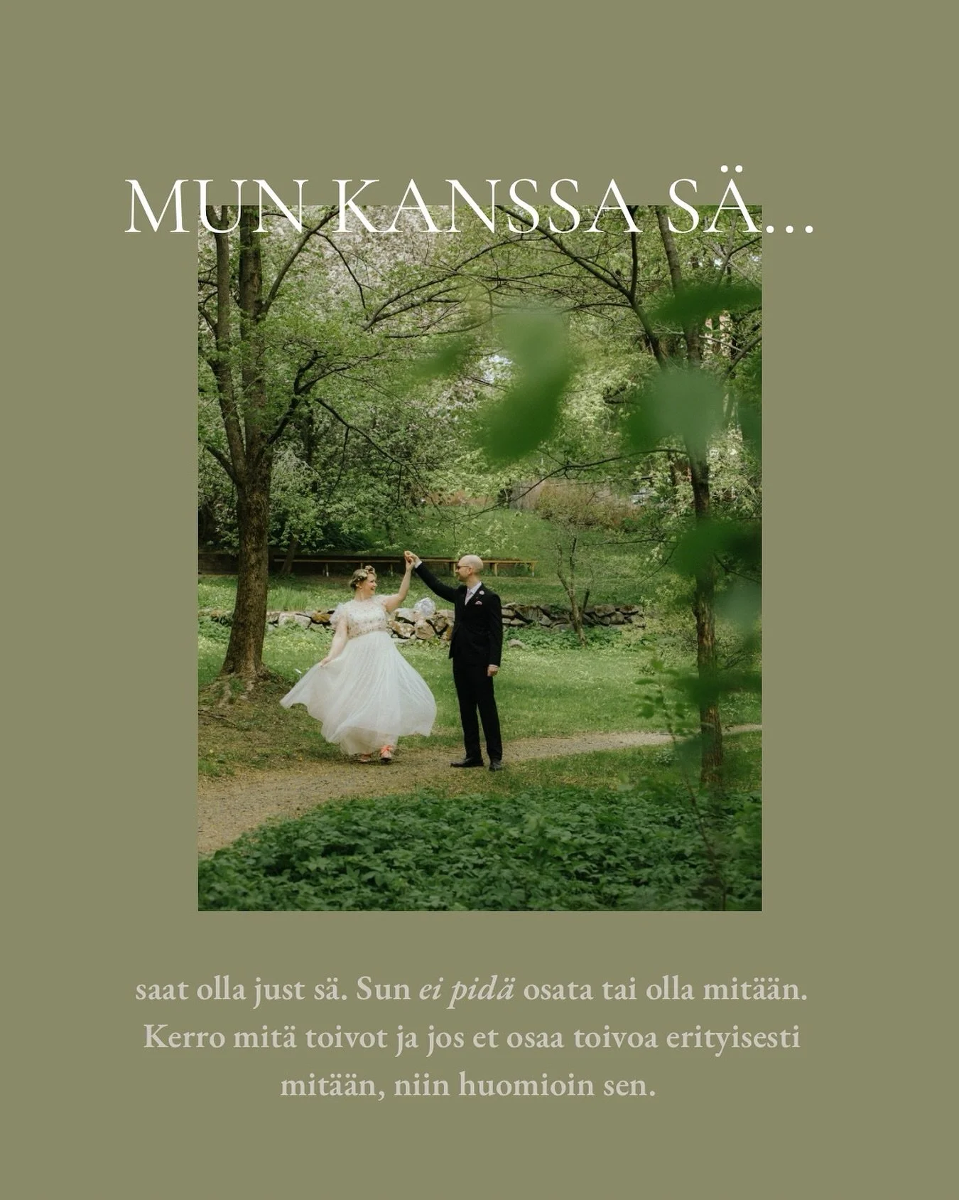 Tuntuu ett&auml; et osaa olla kuvissa&ndash; ja just siksi oot oikeessa paikassa!

Yleisimpi&auml; asioita, joita kuulen ennen kuvausta on:
&ldquo;Me ei osata olla kuvissa.&rdquo;
&ldquo;Toivotaan paljon ohjausta.&rdquo;
&ldquo;Ollaan v&auml;h&auml;n