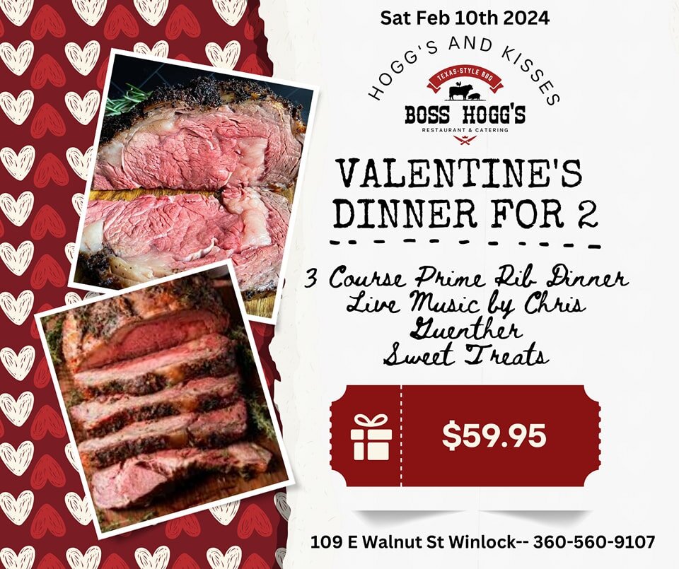 We are excited to announce that we will be opening our doors for a special night to celebrate Valentine's Day! 

Saturday Feb 10th, we will be celebrating Valentine's Day,  Hogg's and Kisses style, with a 3-course Prime Rib Dinner for 2, live music w