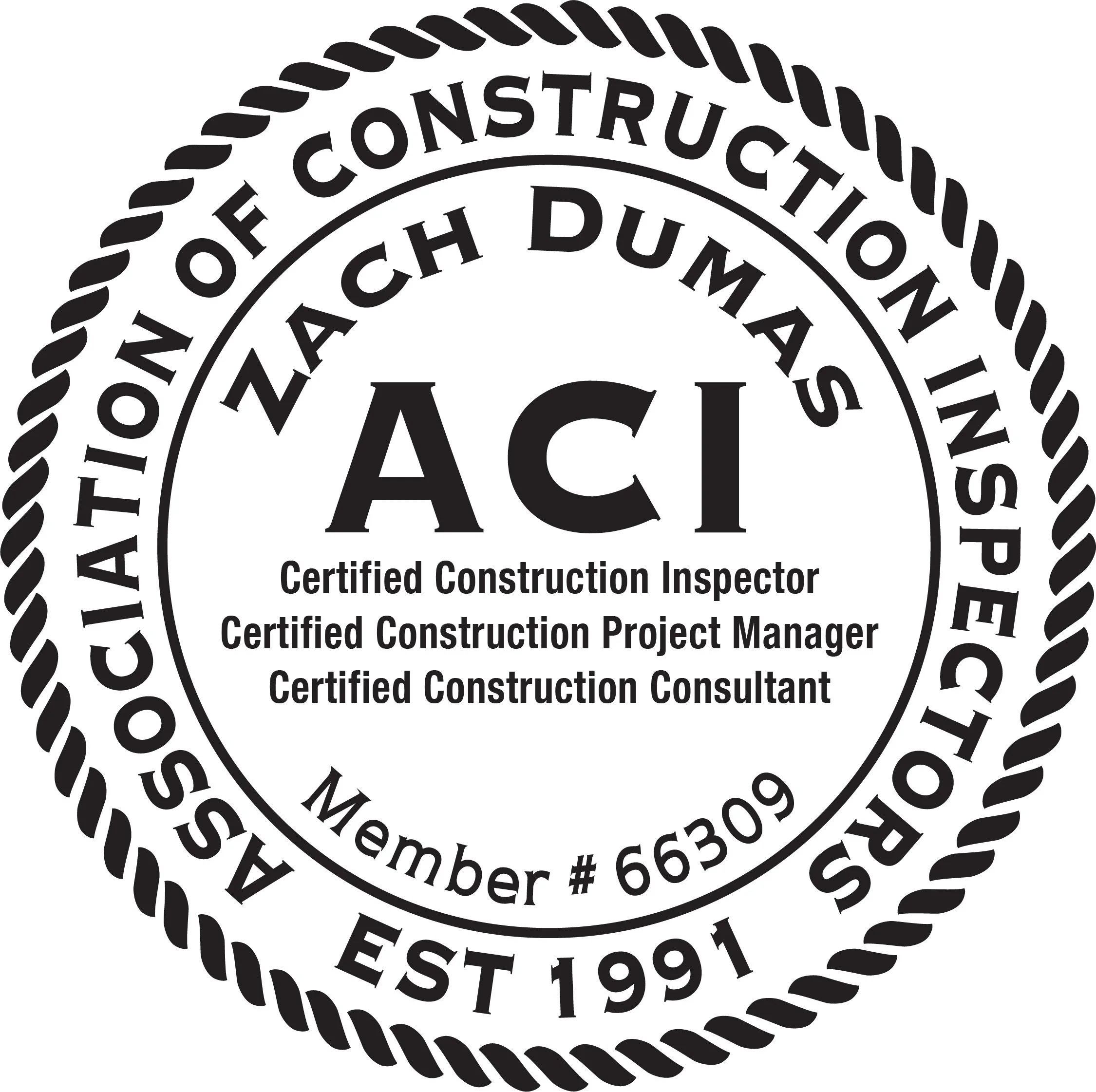 Circular black and white seal with the words 'A Certified Construction Inspections Expert' and 'America's Construction Certifier' with additional text indicating certification details.