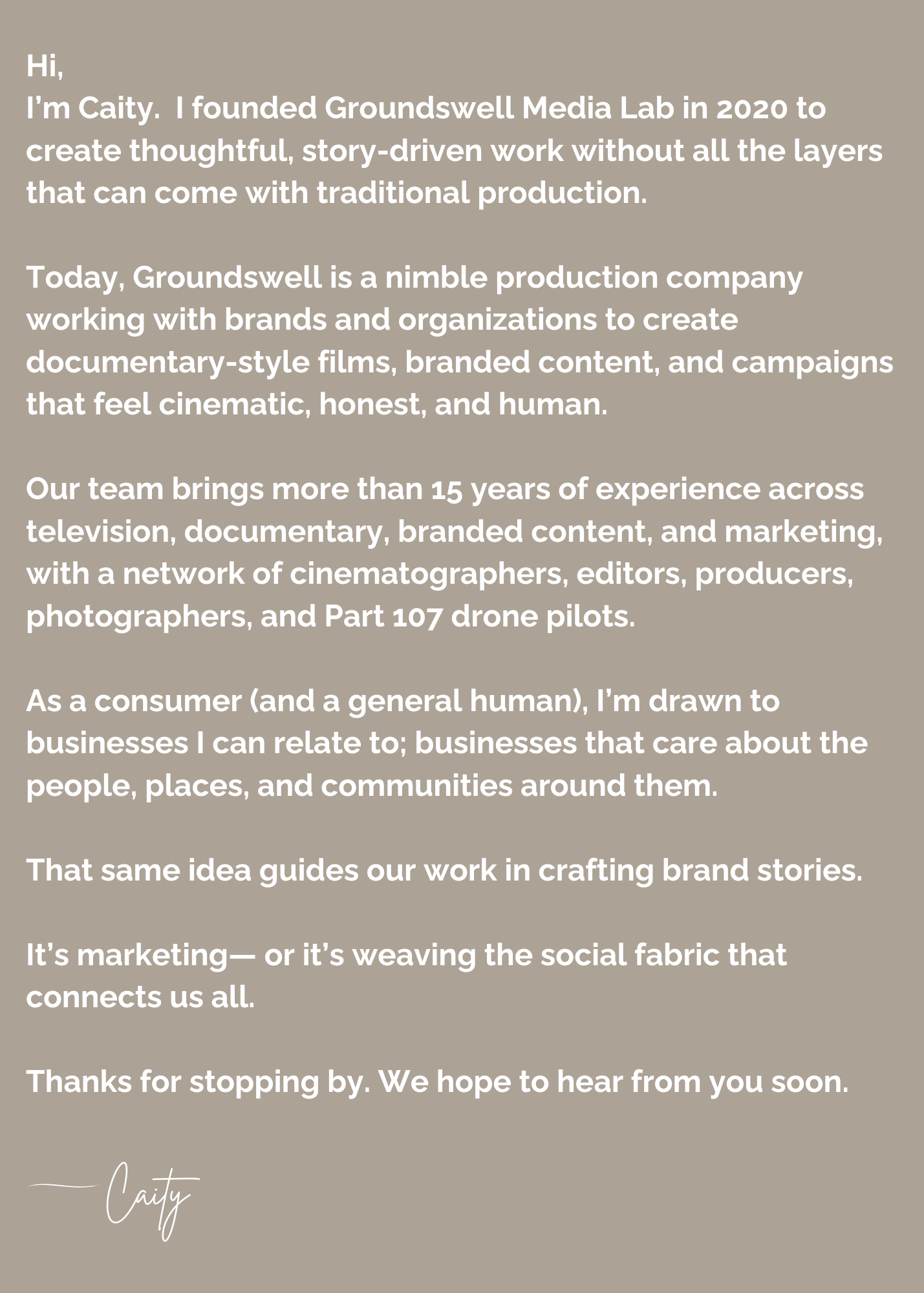Part 107 Drone Pilot, cinematographers, editors, producers, photographers, documentary, branded content, cinematic campaigns,