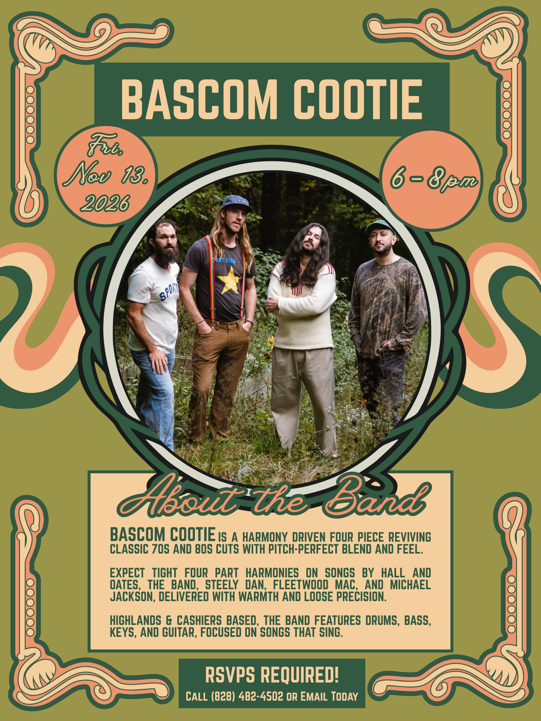 Live music by Bascom Cootie, a new 70's and 80's cover band, performing at High Country on November 13, 2026