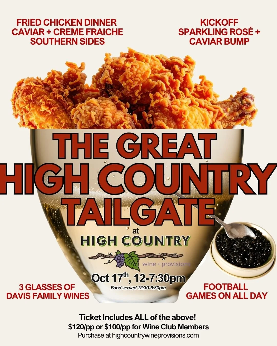 A ticketed tailgate event in Highlands, NC with food, wine, and college football