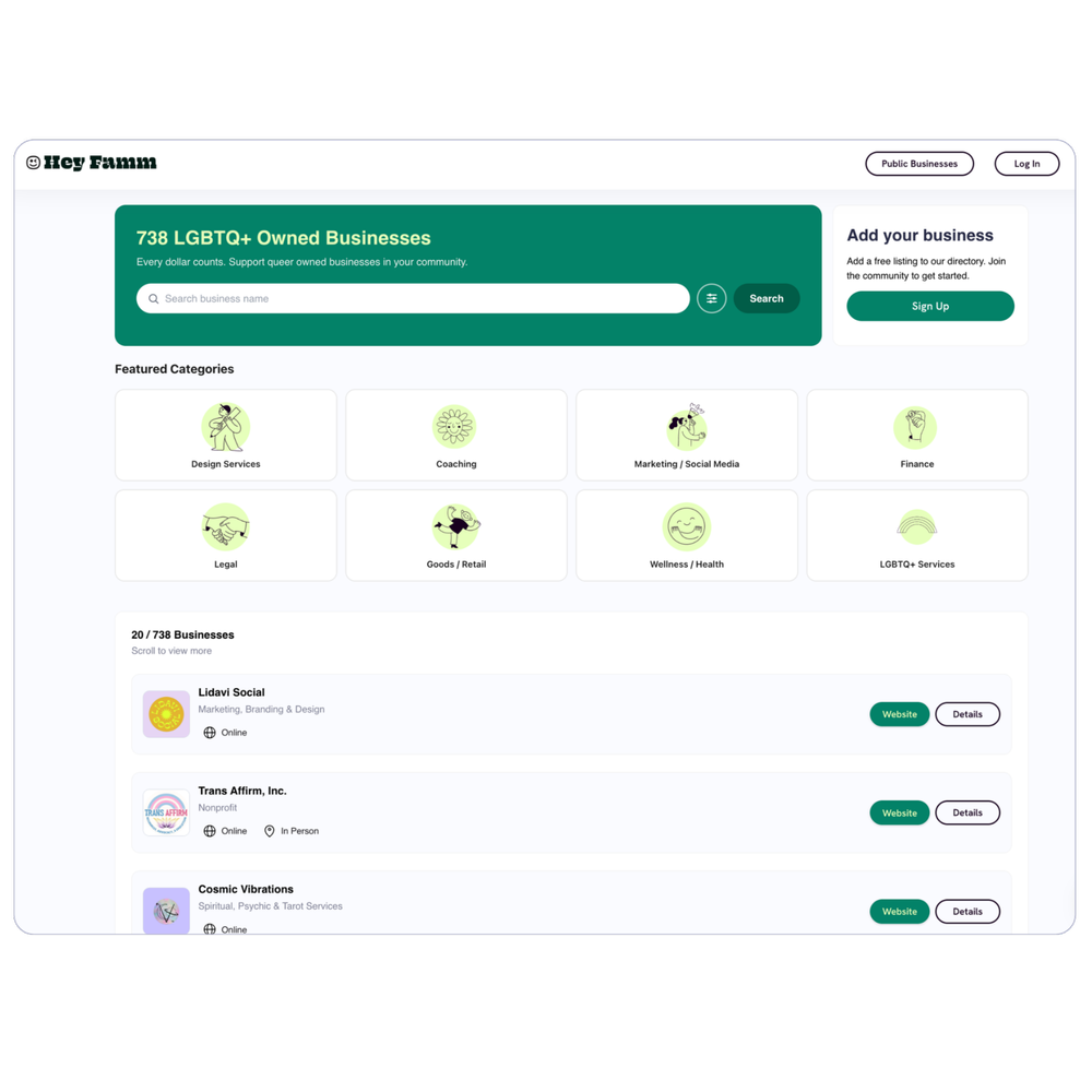 Hey Famm public directory with 700+ LGBTQ+ owned businesses
