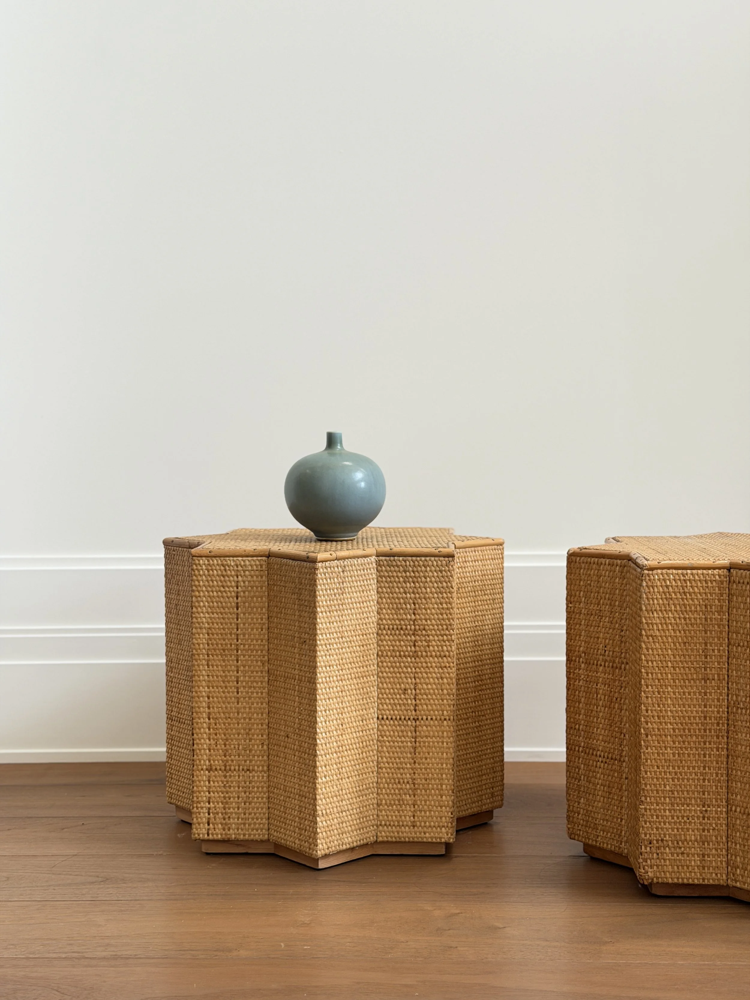 Amazing Modular Coffee Table (Side Tables/Stools) in Cane and Wood by Vivai del Sud, Italy 1950s (Six Pieces Available)