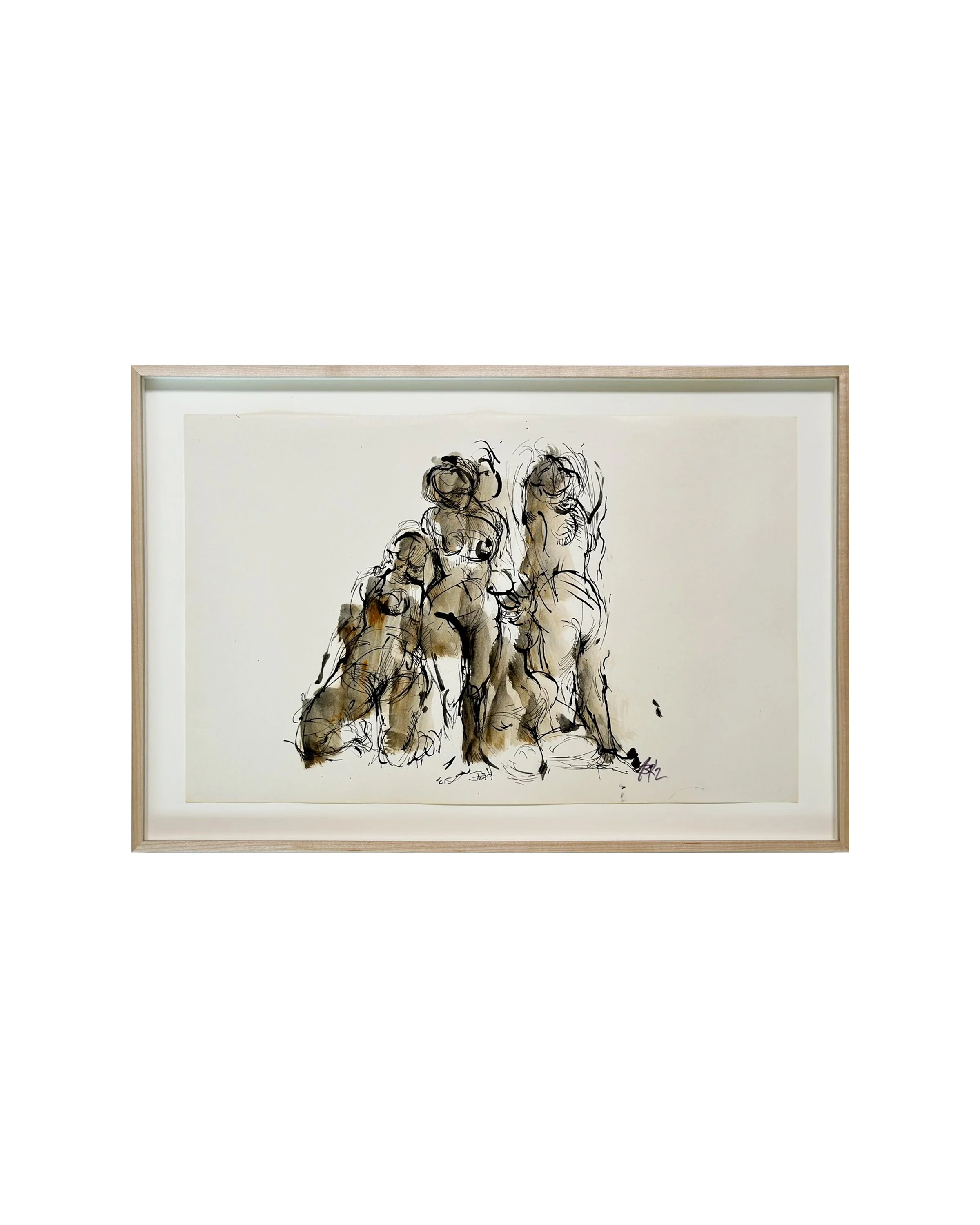 Framed Nude on Paper in Ink and Wash by Benjamin Abramowitz