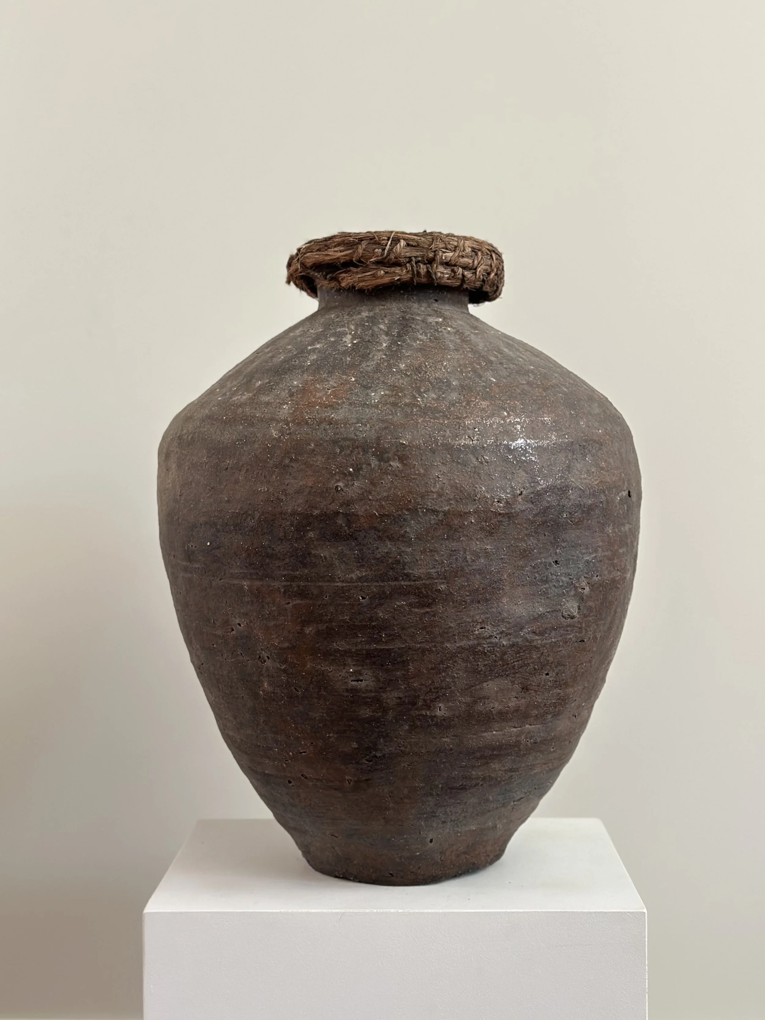 Large Antique Japanese Storage Vessel with Woven Rope Top