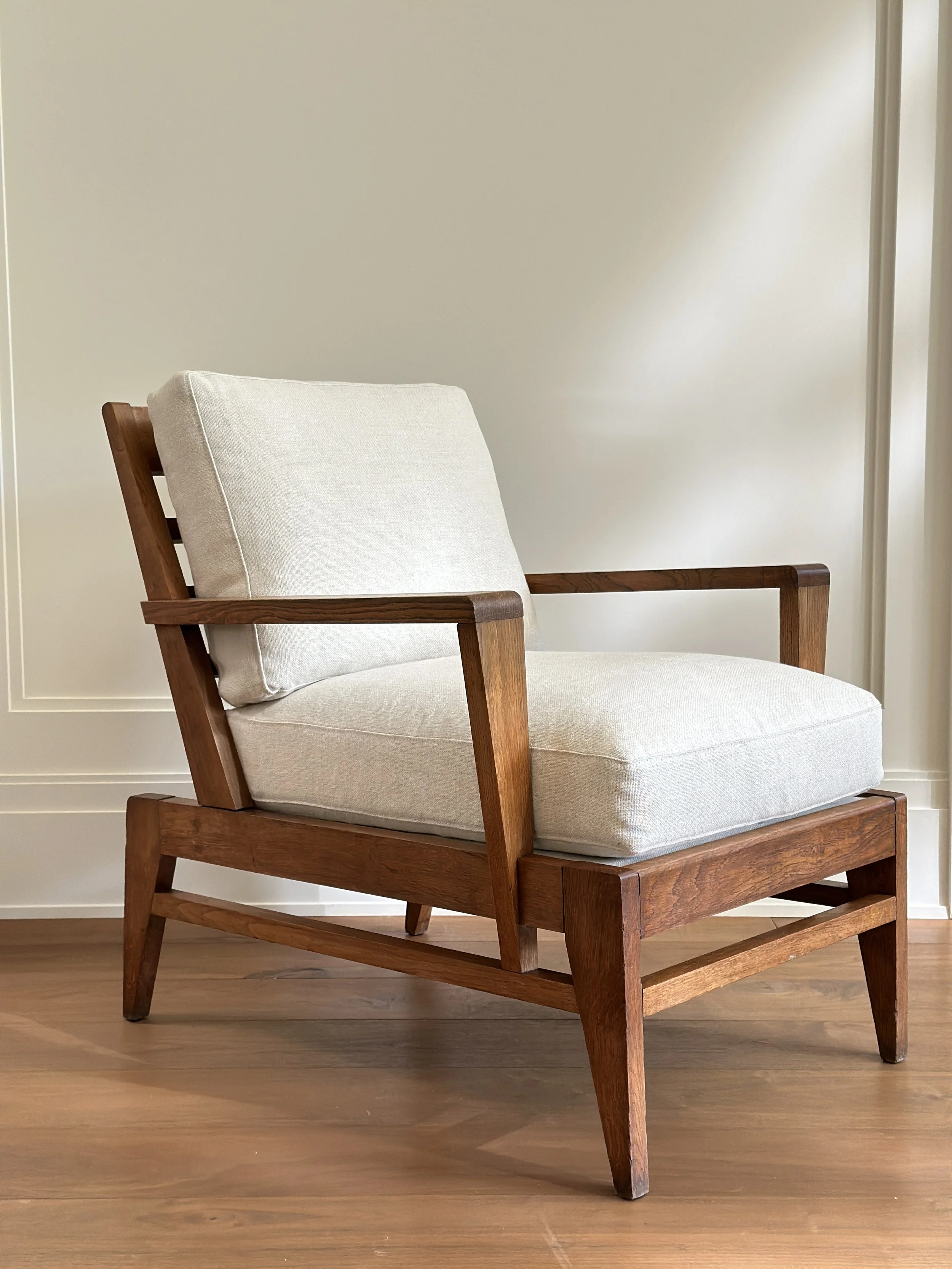 Midcentury Chair by Rene Gabriel in Oak and Belgian Linen, France