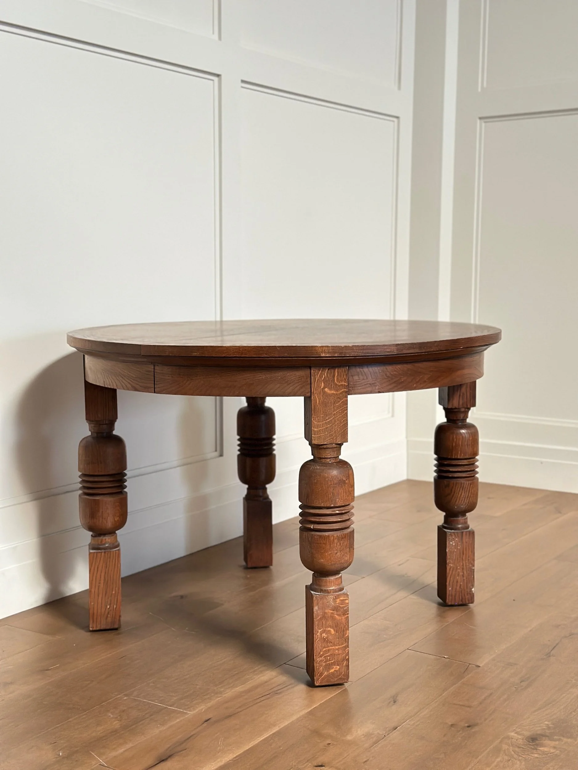 Round Oak Table with Carved Legs, France 1940
