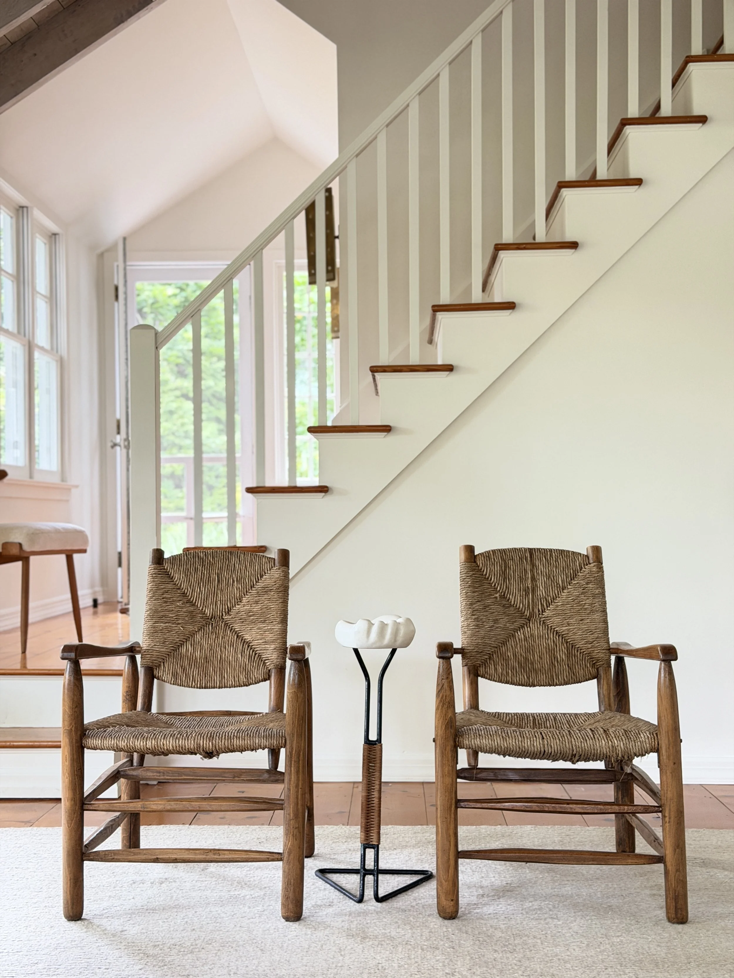 Pair of Chairs in Rush and Oak by Charlotte Perriand, France c. 1950