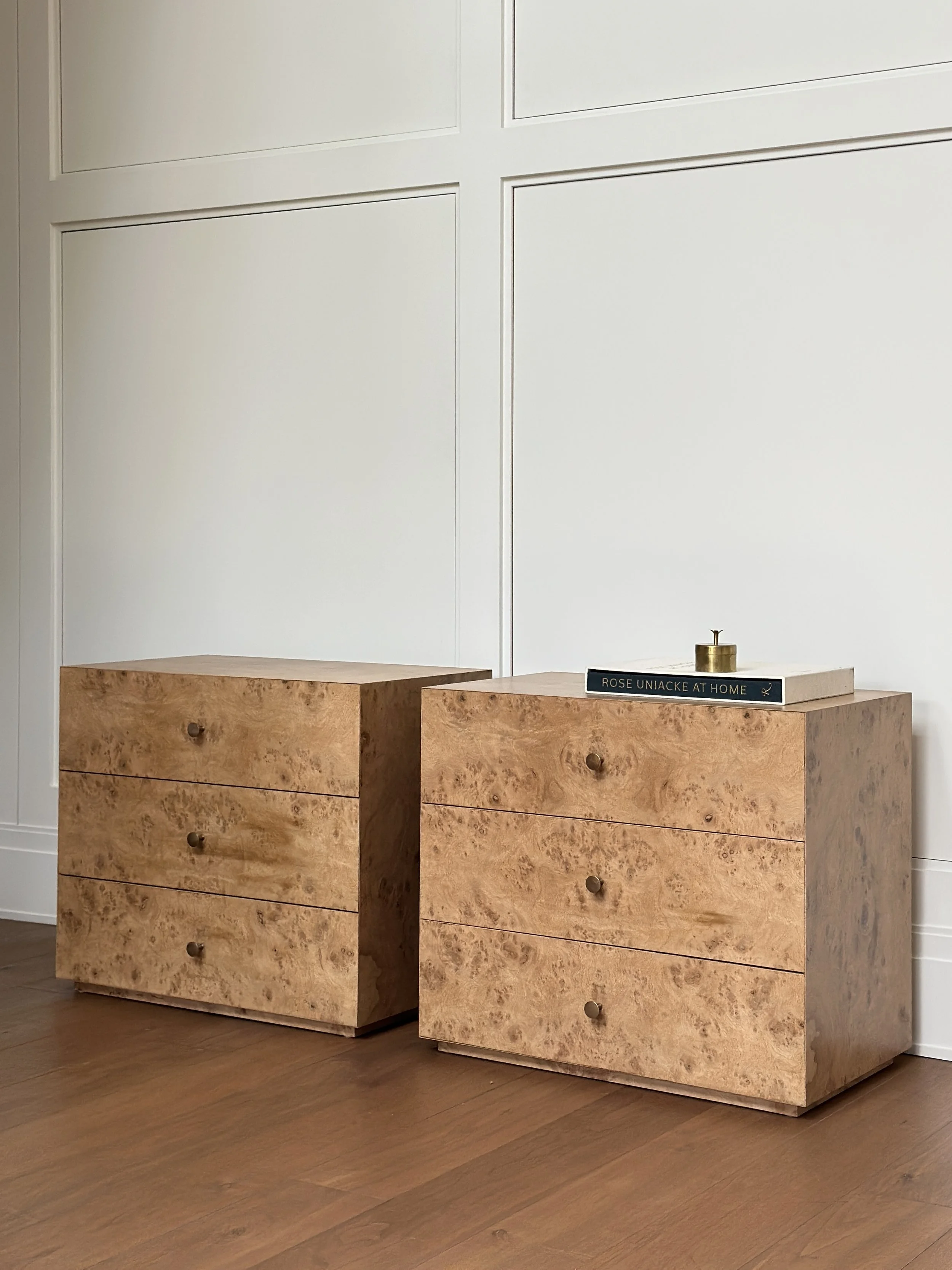 Bespoke Bedside Tables in Burl with Soft Close Drawers