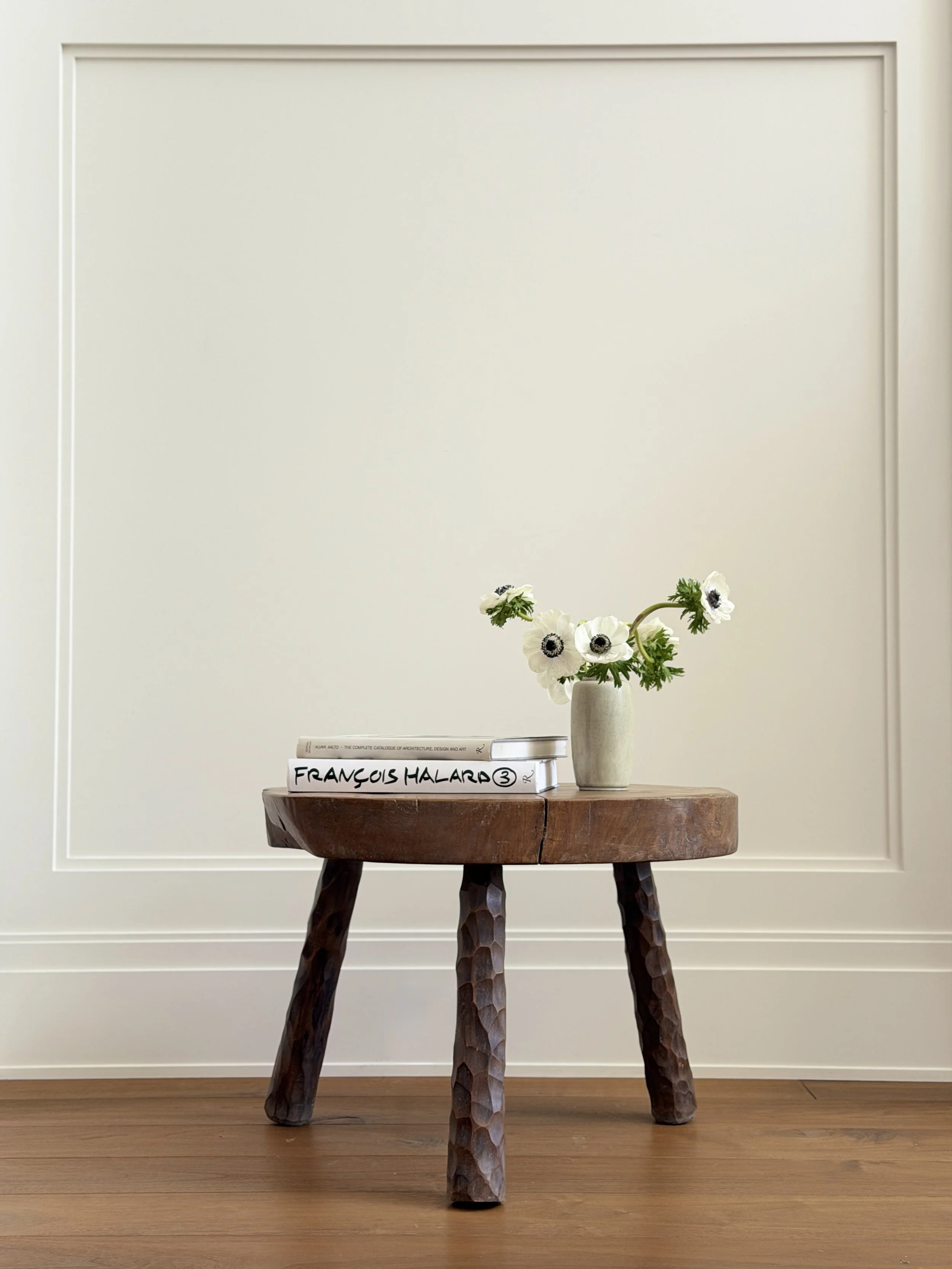 Brutalist Tripod Table with Gouged Wood Legs in the Style of Jean Touret, France