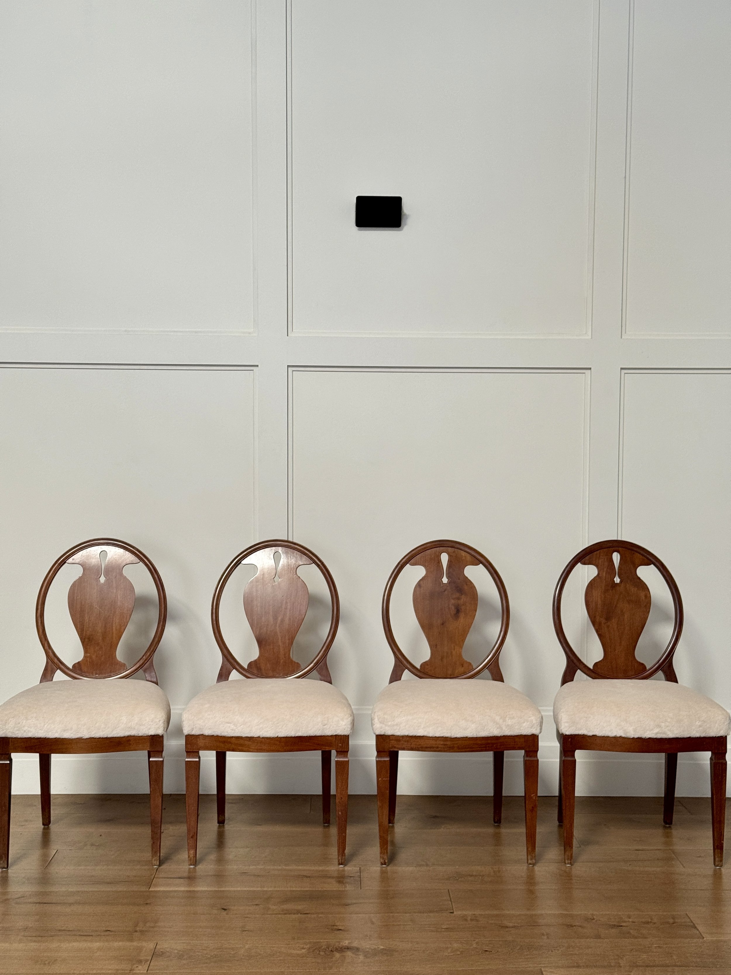 Four Swedish “Chancellor” Chairs, Stamped and Upholstered in Alpaca
