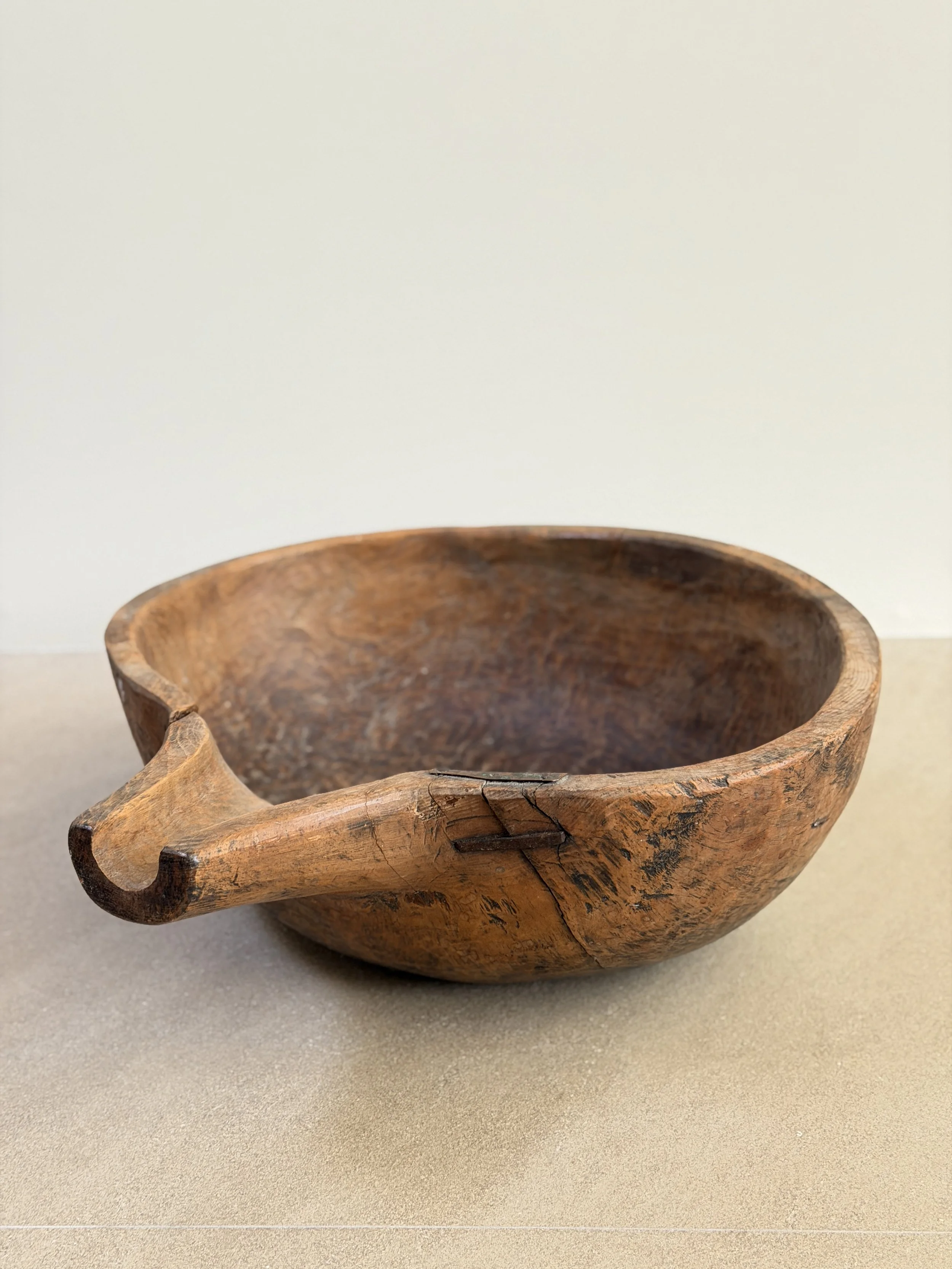 Massive Wooden Bowl with Spout and Old Repairs, France c. 1800