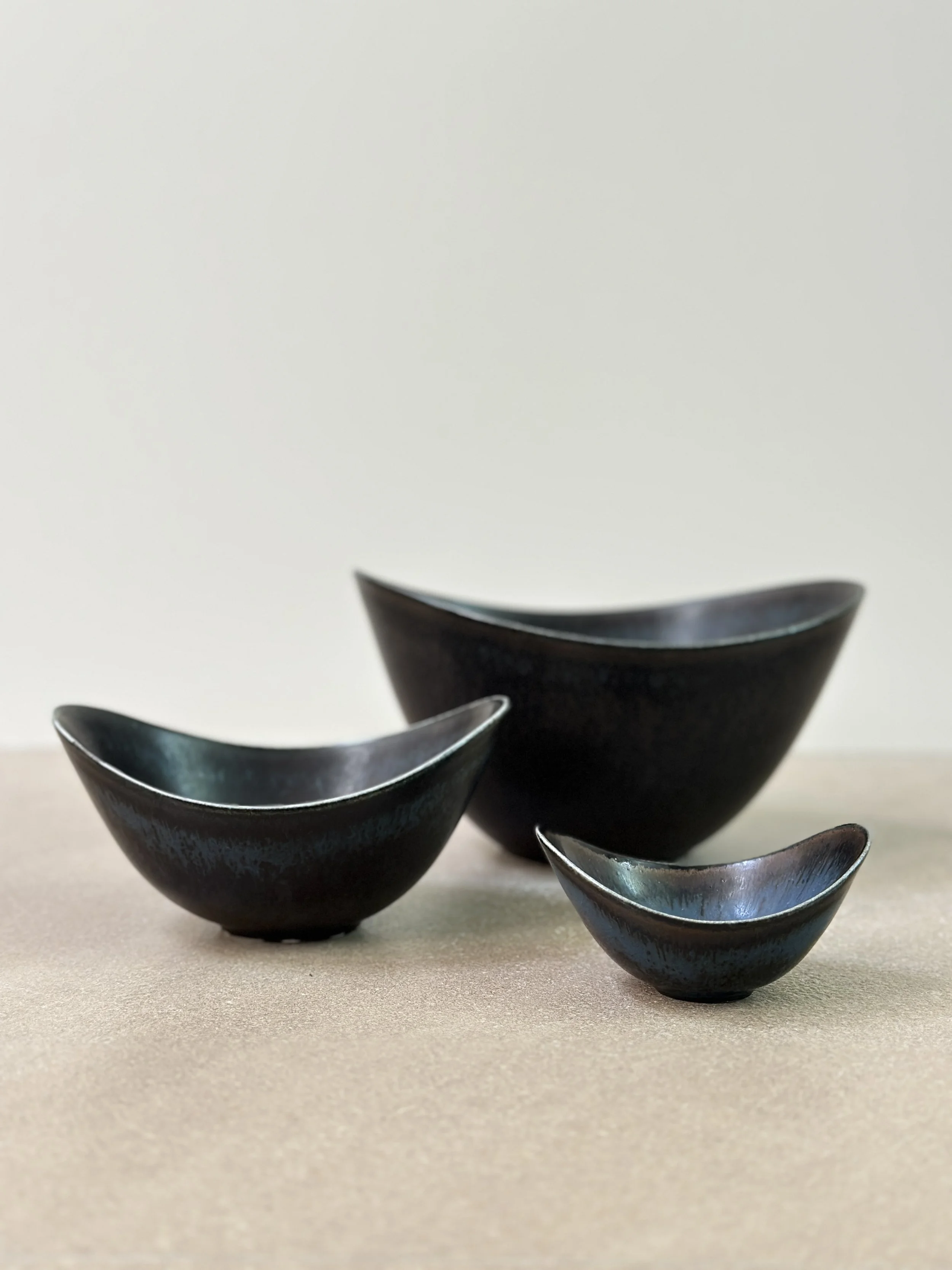 Trio of Blue/Black Bowls by Gunnar Nylund, Sweden 1950s