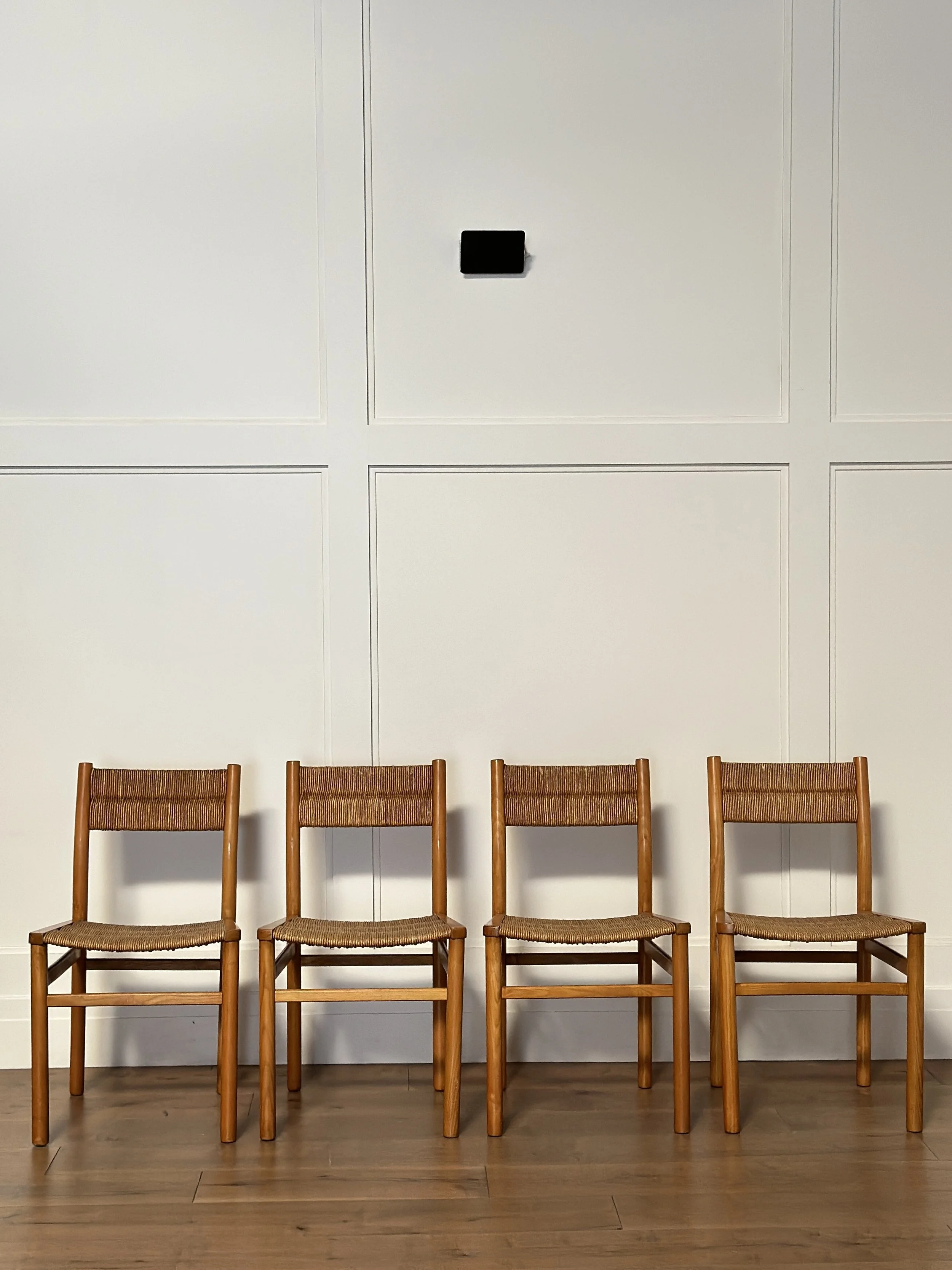 Four Straw and Ash Dining Chairs by Pierre Gautier-Delaye, France 1960s