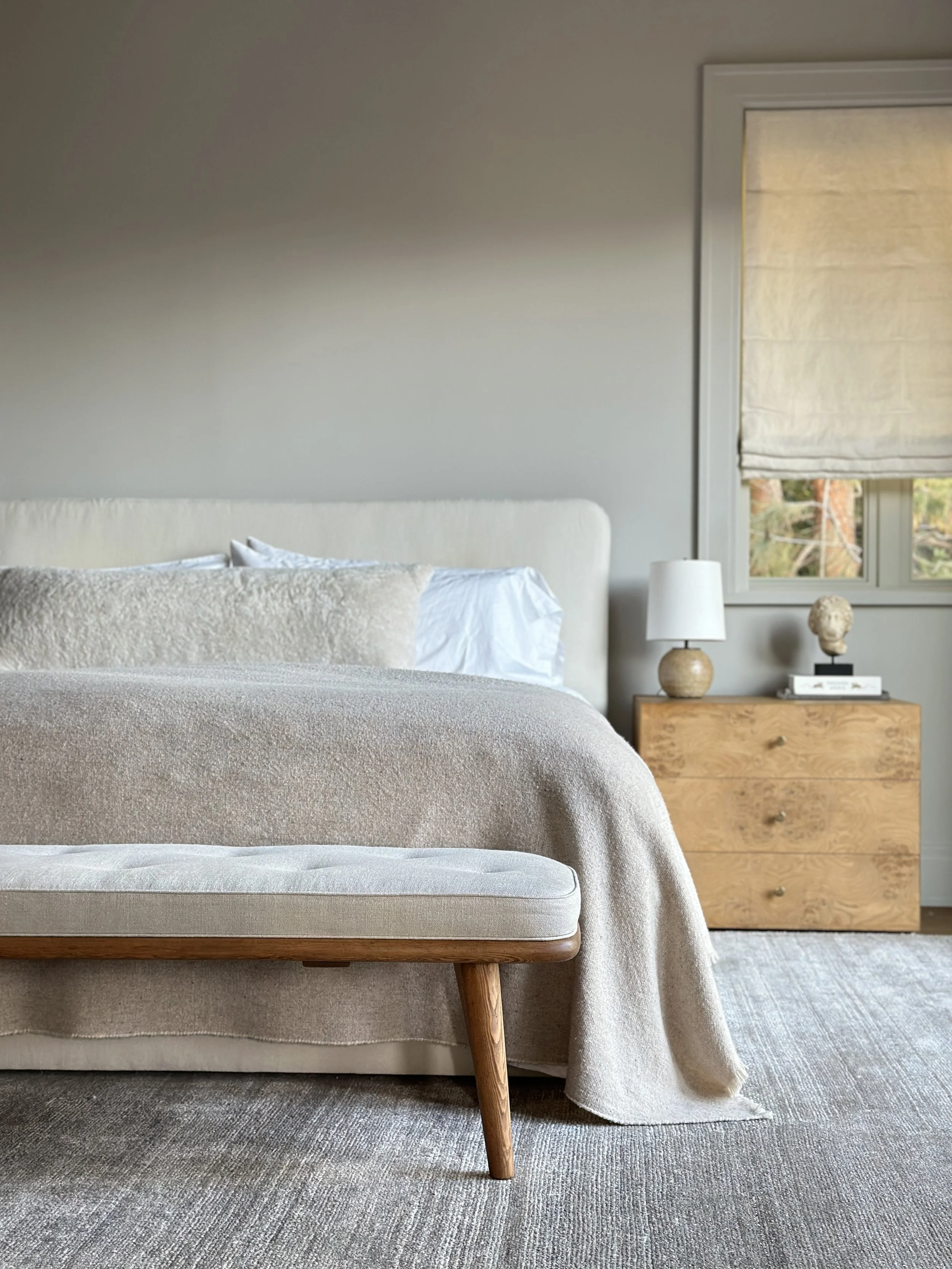 Bespoke "Stockholm" Bench in Patinated Pine and Belgian Linen