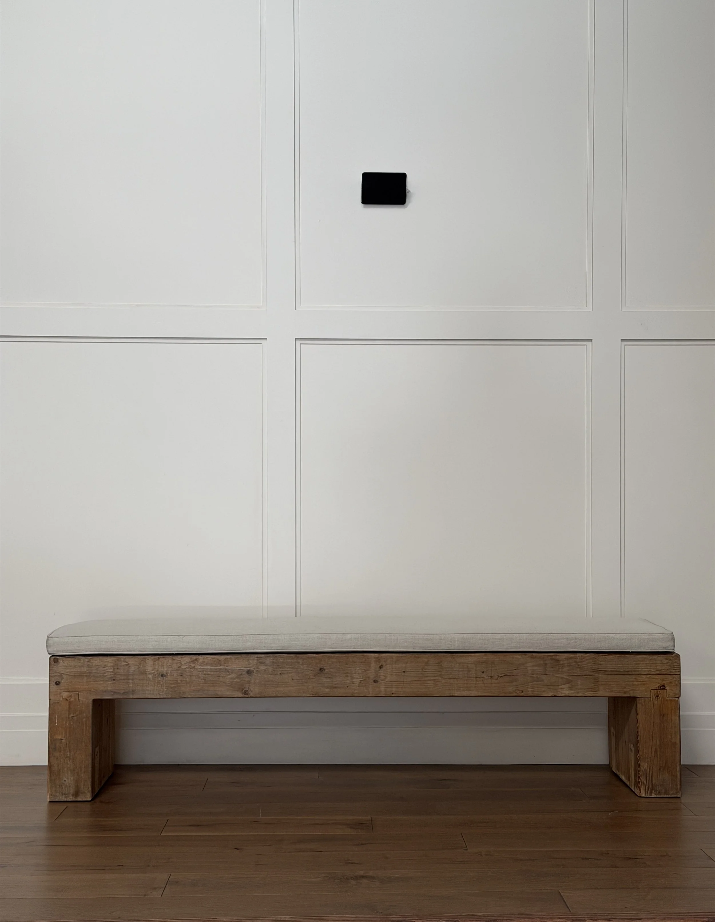 Patinated Pine Bench with Custom Cushion in Linen, France c. 1950 (4 available)