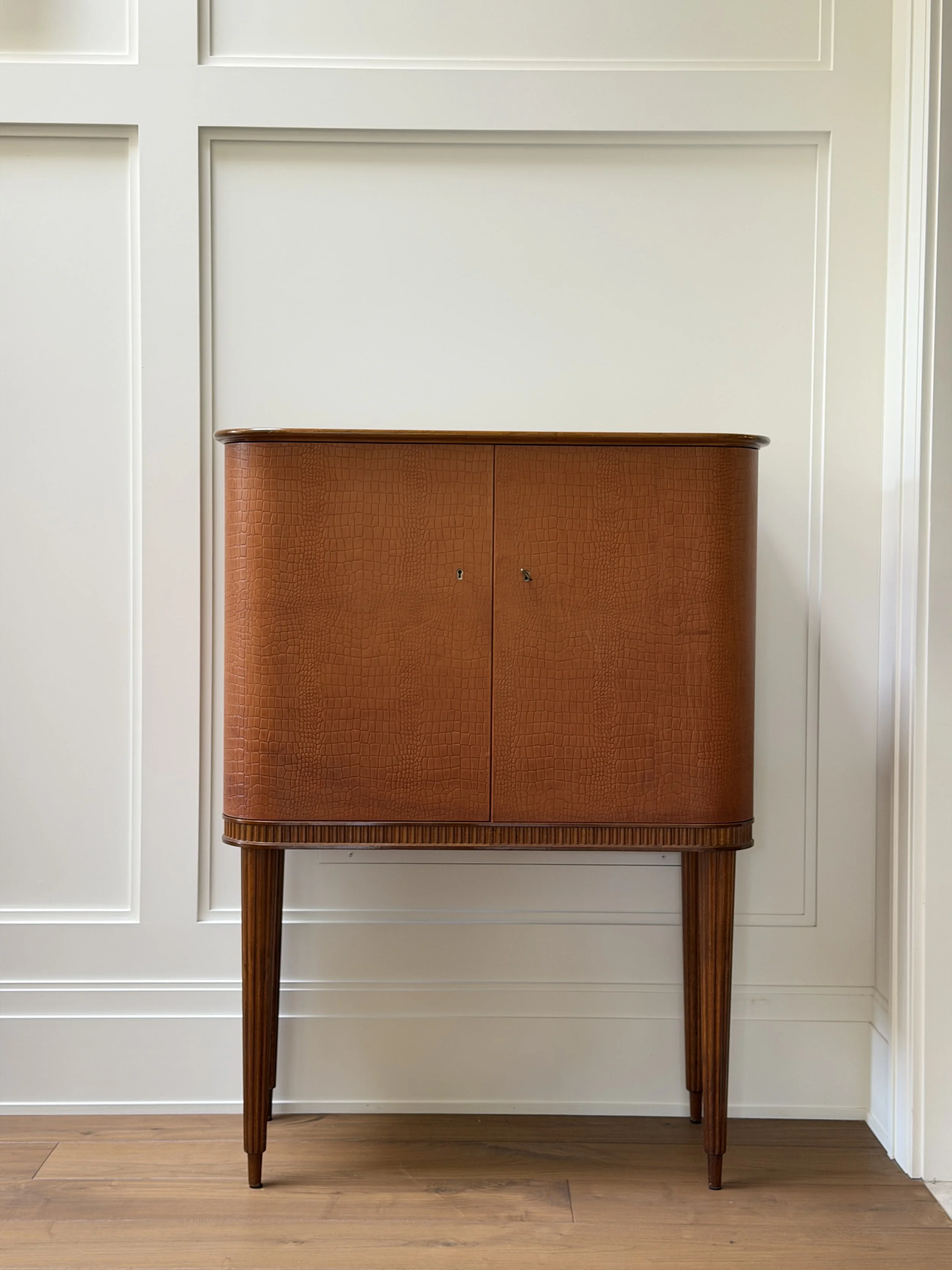 Stunning Leather and Mahogany Bar Cabinet Produced by AB Förenade Möbelfabrikerna Linköping, Sweden, 1950s