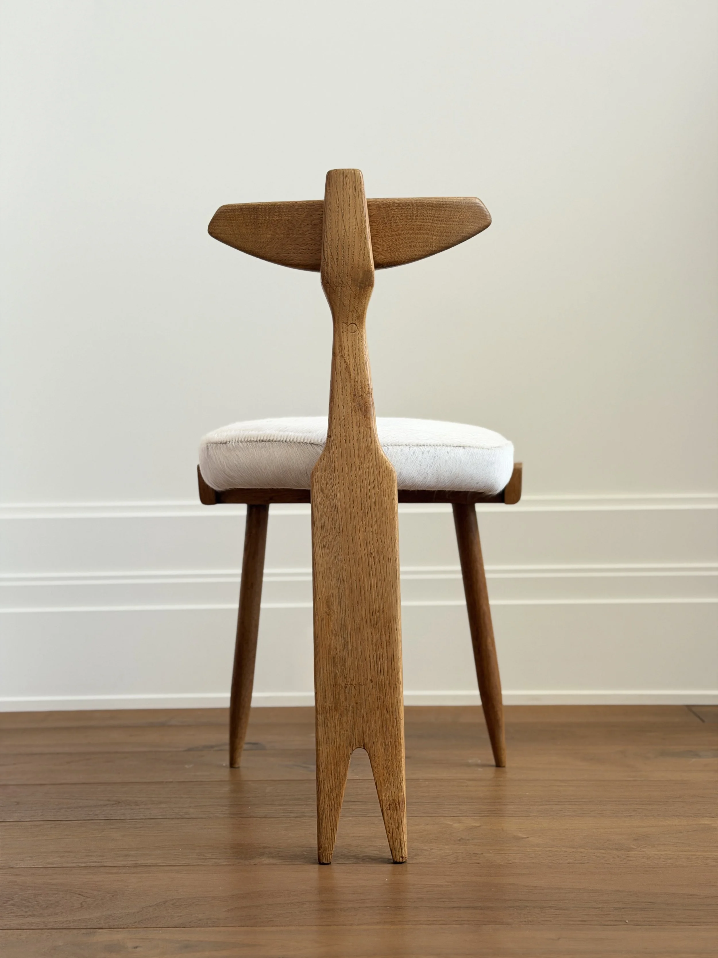 Vintage Tripod Chair by Guillerme et Chambron in Oak and Hair-On-Hide, France 1950s