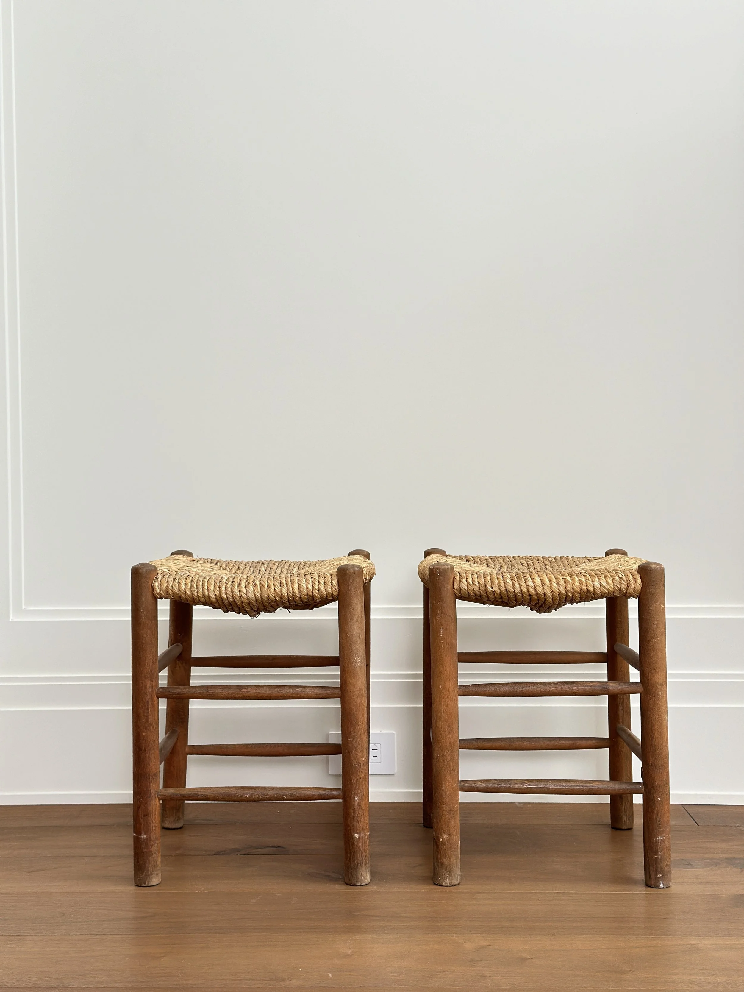 Pair of Midcentury French Stools in Rush and Wood