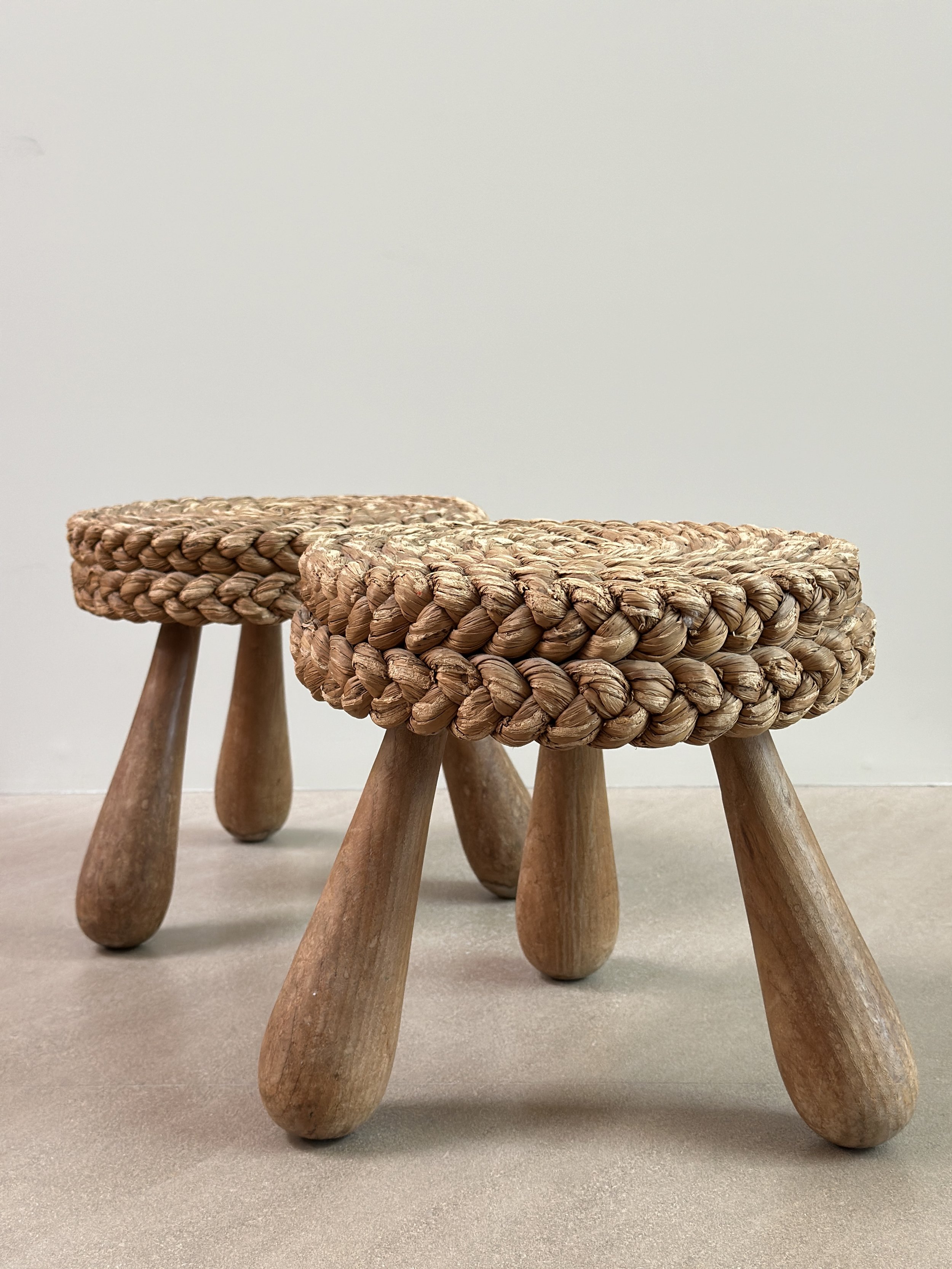 Stools by Audoux Minet in Rope and Oak, France 1950s