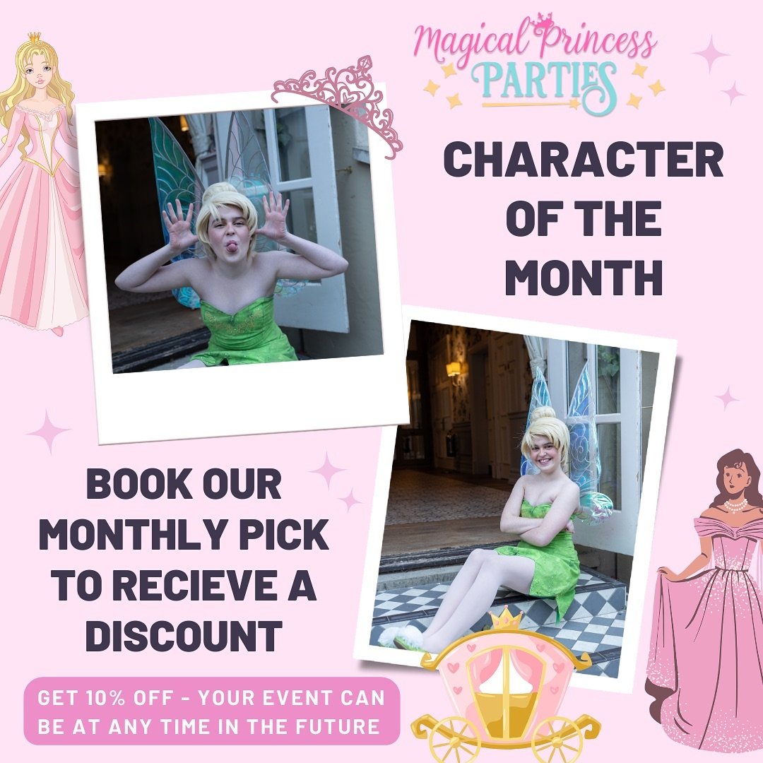 ✨Our Character of the Month! ✨
Each month, one of our characters is discounted!

Make a booking for Tinkerbell during May for 10% off!  Your event/party does not have to take place in May, it only needs to be booked in May to receive this amazing off
