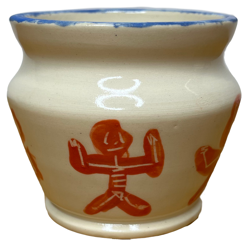 Clay pot with red stick figure designs and blue rim