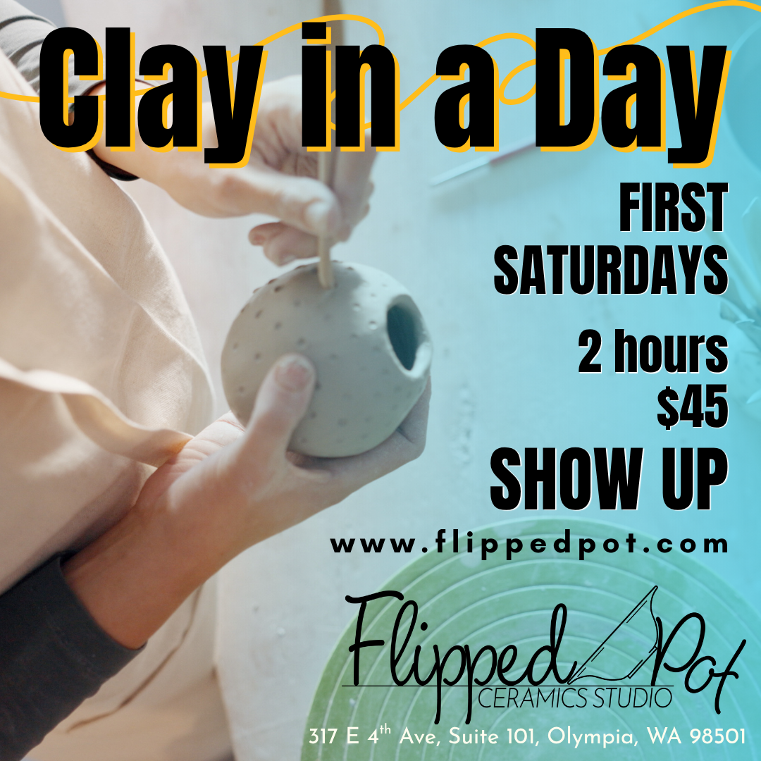 Person shaping clay on a pottery wheel in a ceramics studio, with event details overlayed for a clay pottery workshop at Flipped Pot Ceramics Studio.