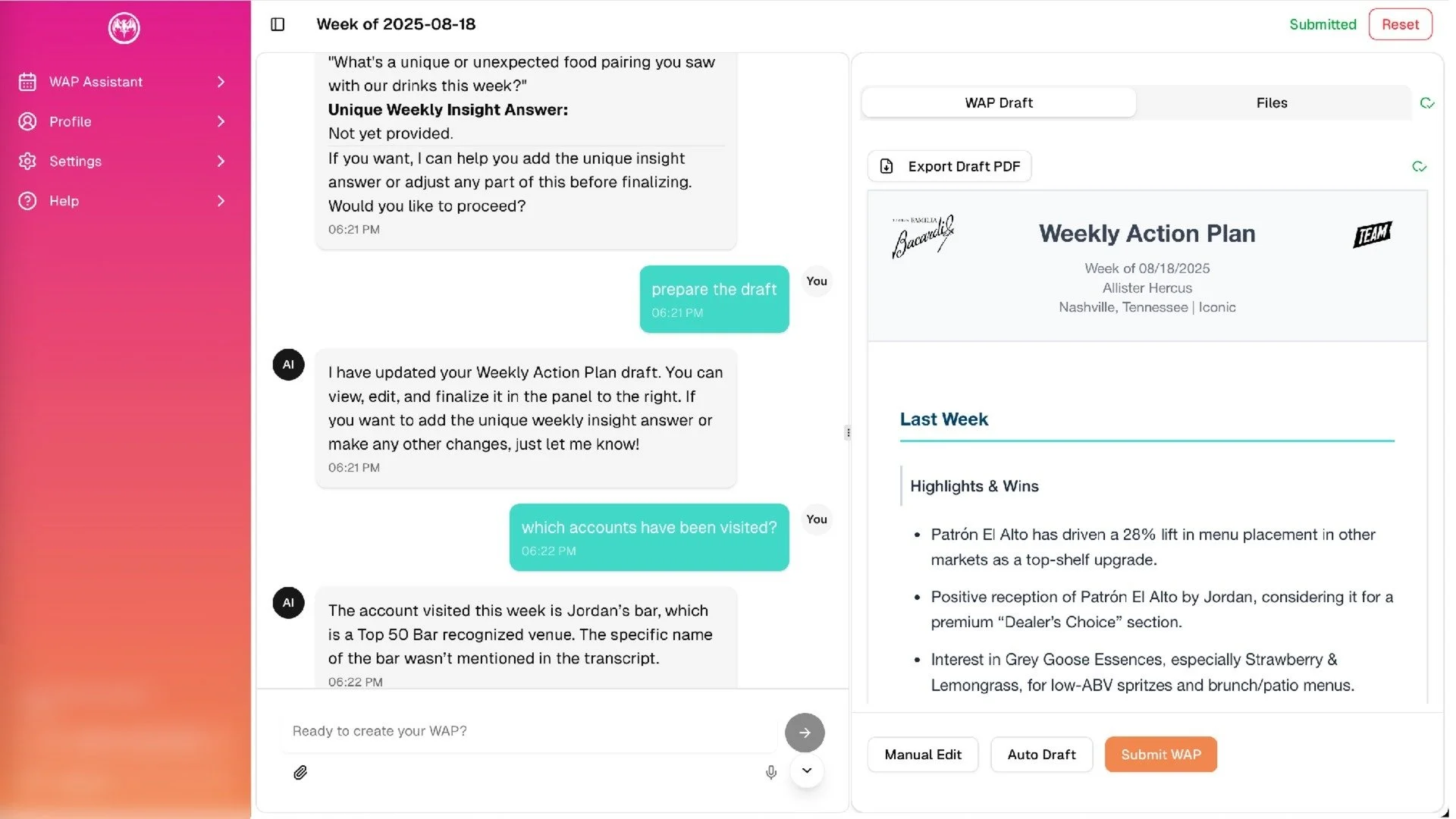Bacardi Field Agent: AI assistant that drafts weekly action plans for brand ambassadors