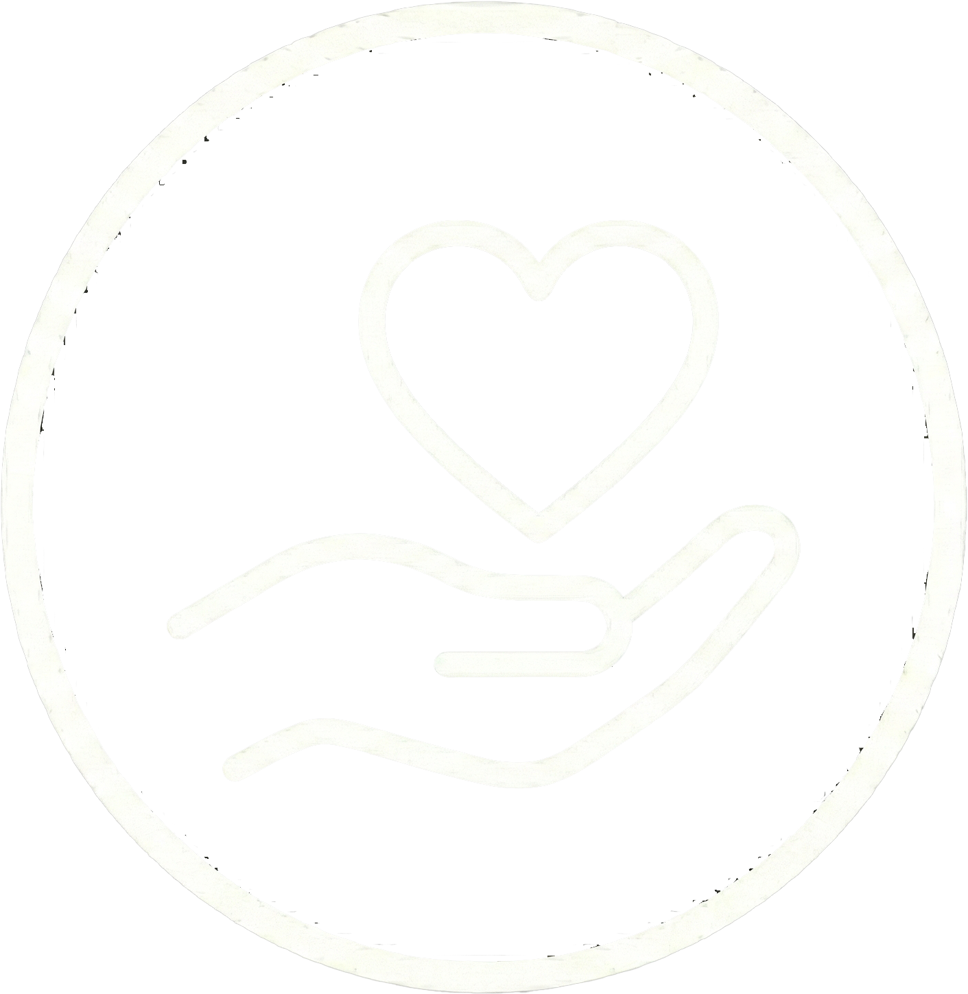 Een witte neonbuis in de vorm van een hand die een hart vasthoudt, binnen een cirkelvormige rand.