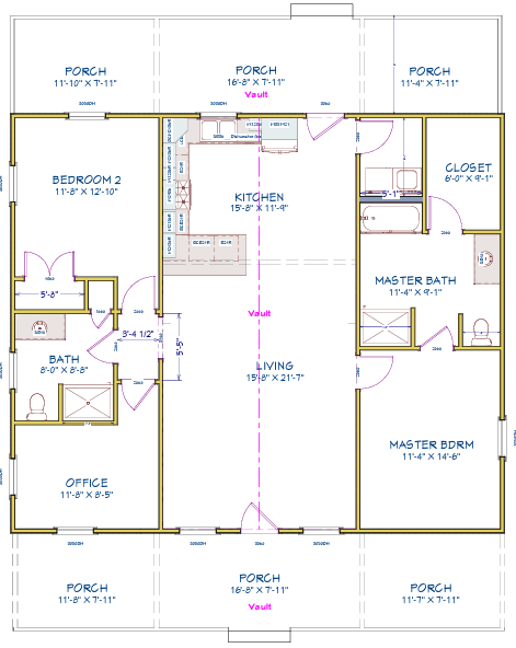 Floor plan of a house showing multiple rooms including porch, bedroom 2, kitchen, living room, master bedroom, master bath, closet, office, and additional porches outside.