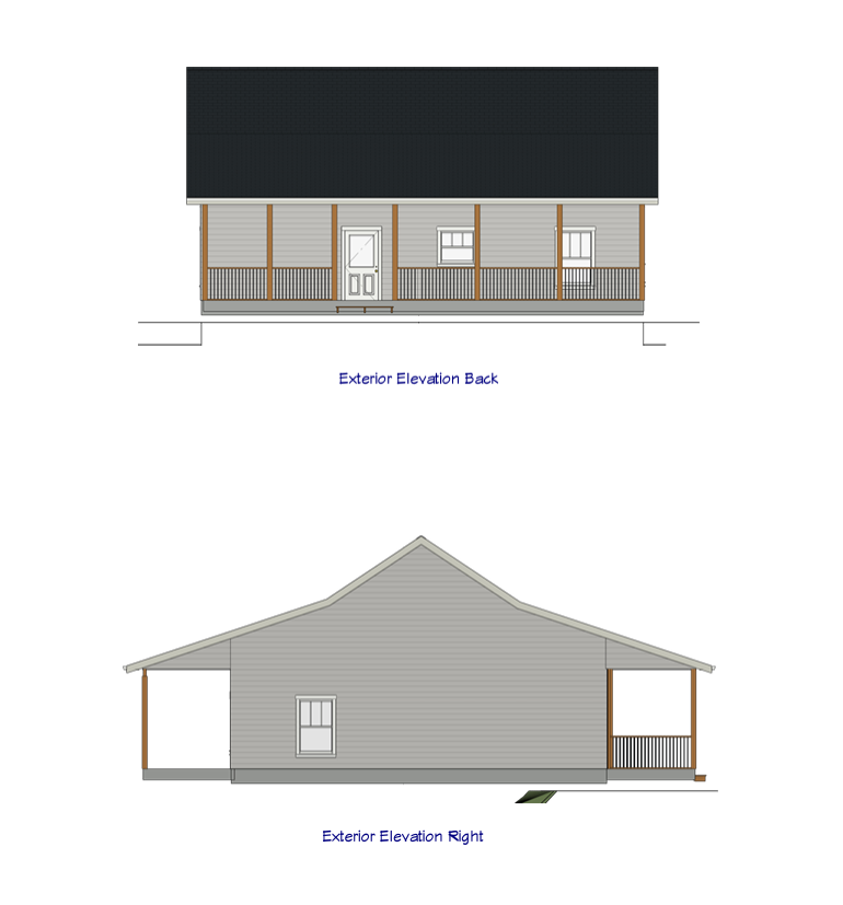 Blueprint drawing showing the back and right side elevations of a house with gray siding, a dark roof, a porch with railing, and a small window.