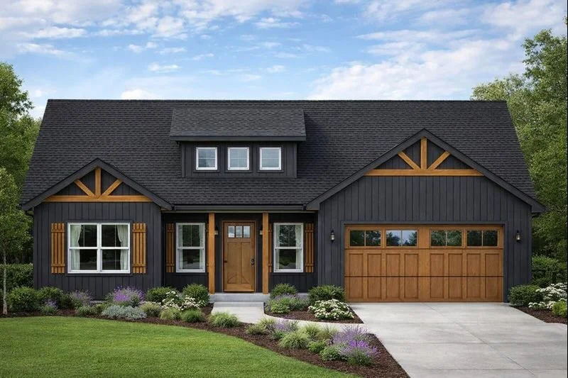 Front view of a modern black and brown two-story house with a gabled roof, wooden accents, a two-car garage, and a landscaped front yard.