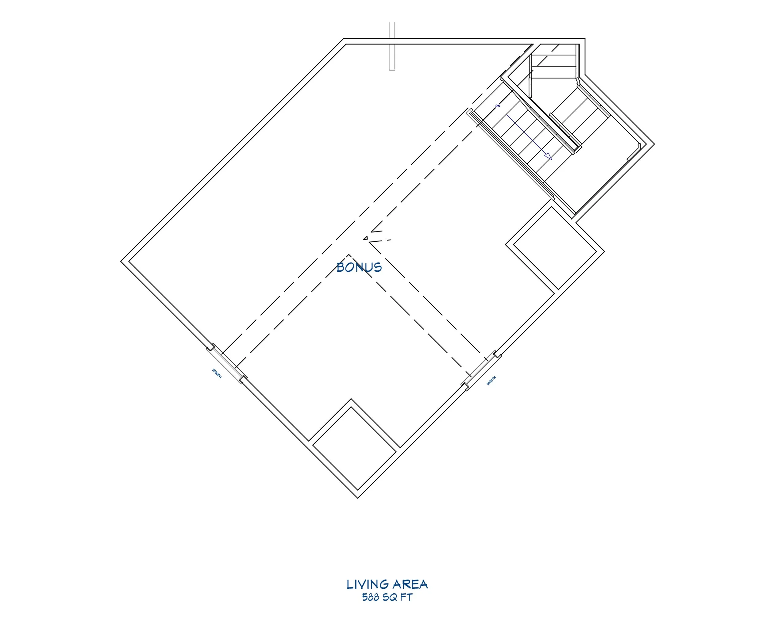 Floor plan of a living area with a bonus room, staircase, and windows, measuring 588 square feet.