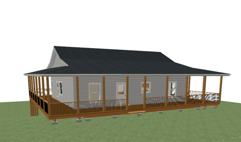 3D rendering of a house with a wraparound wooden porch, white siding, black roof, set on green grass