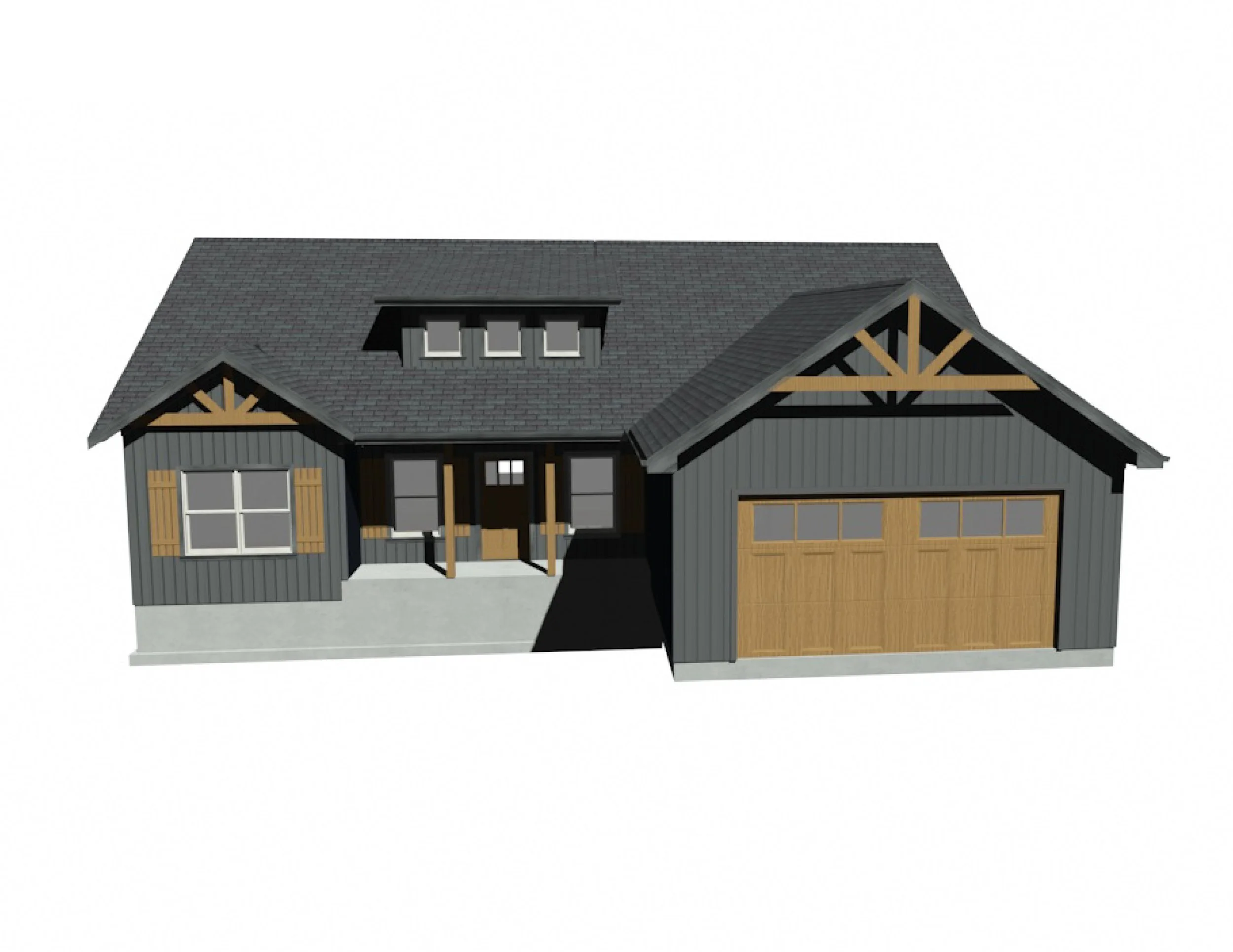 3D rendering of a modern two-story house with gray siding, wooden accents, a gabled roof, dormer windows, and a two-car garage.