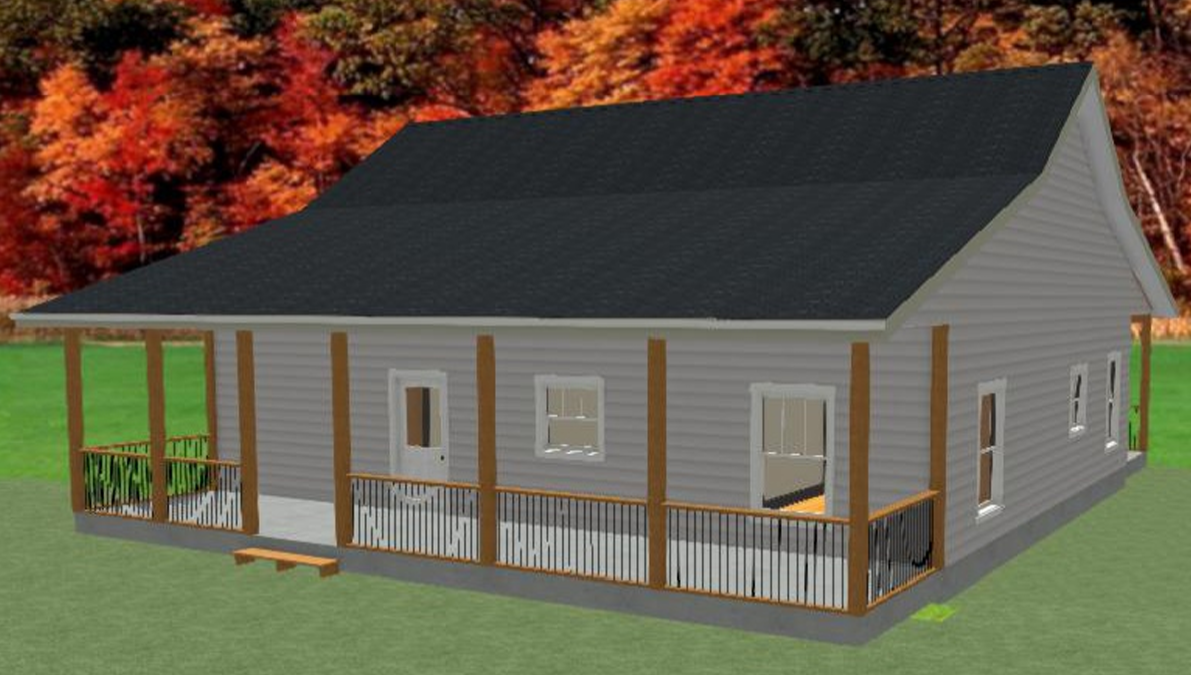 A digital rendering of a gray house with a black roof, surrounded by trees with red and orange leaves, and a green lawn. The house has a front porch with a wooden railing and a small set of stairs.