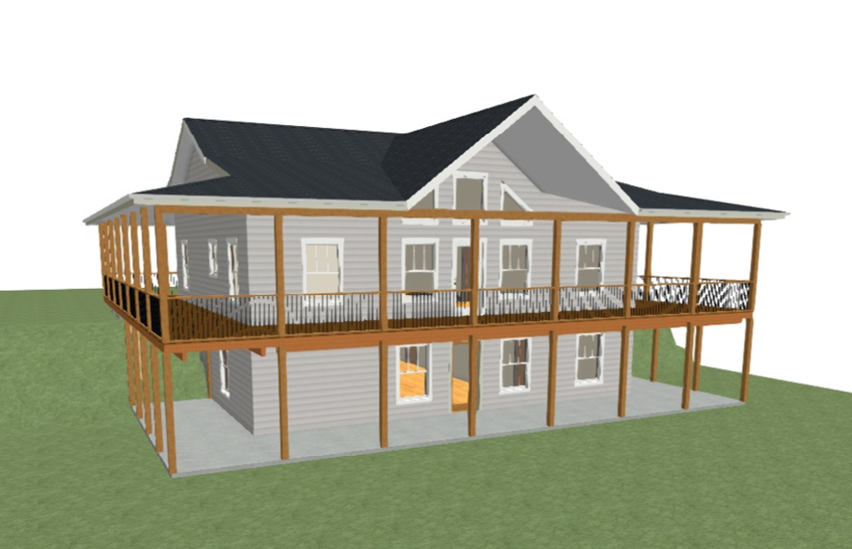3D rendering of a two-story house with a wraparound wooden deck and railing, elevated on stilts, with multiple windows, gable roof, and gray exterior siding.