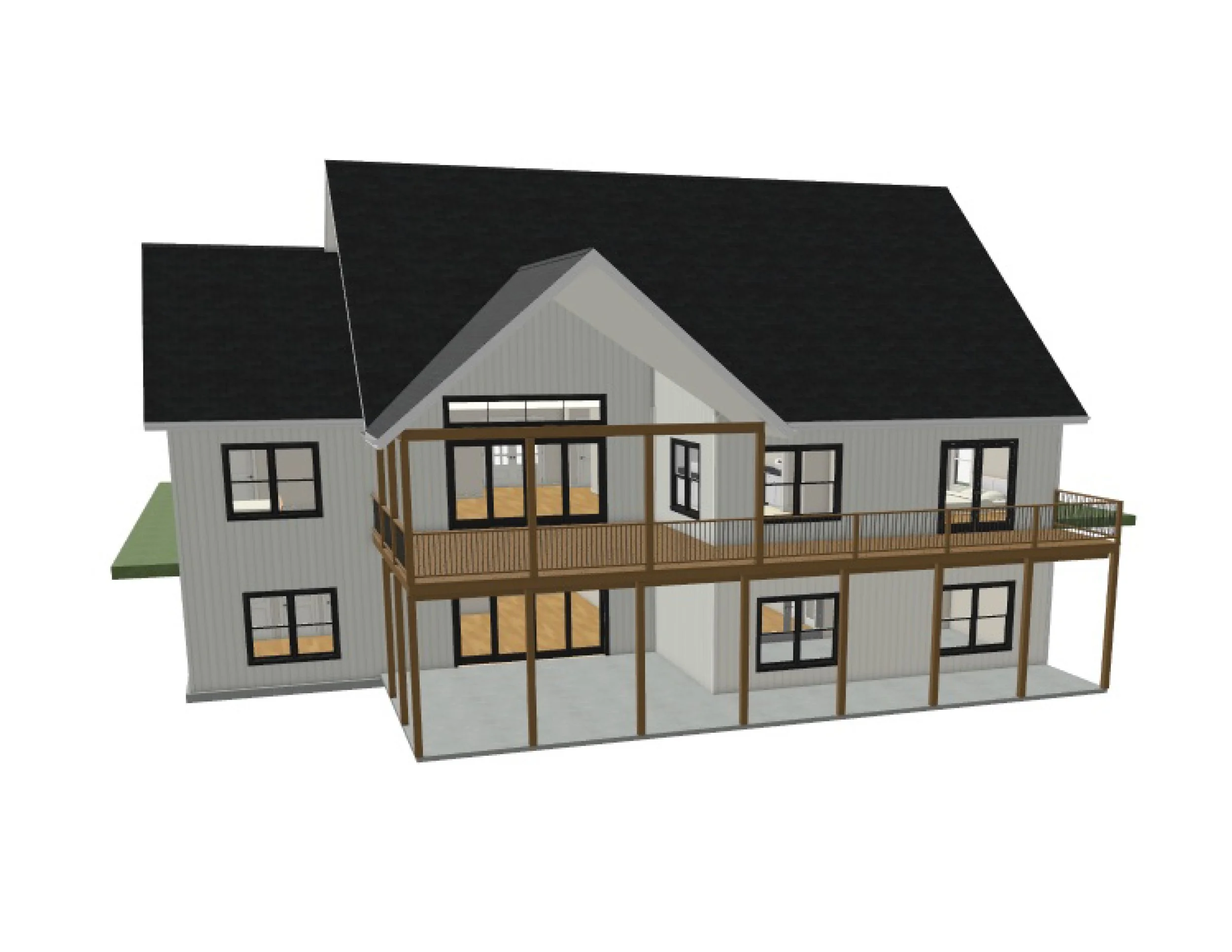 3D rendering of a two-story house with a large wooden deck surrounding the upper floor.