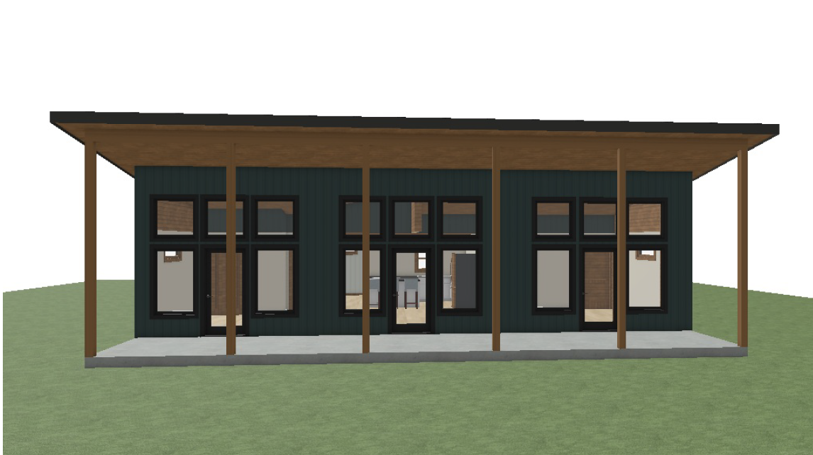 Front view of a modern house with dark exterior, large windows, and a covered patio supported by wooden posts.