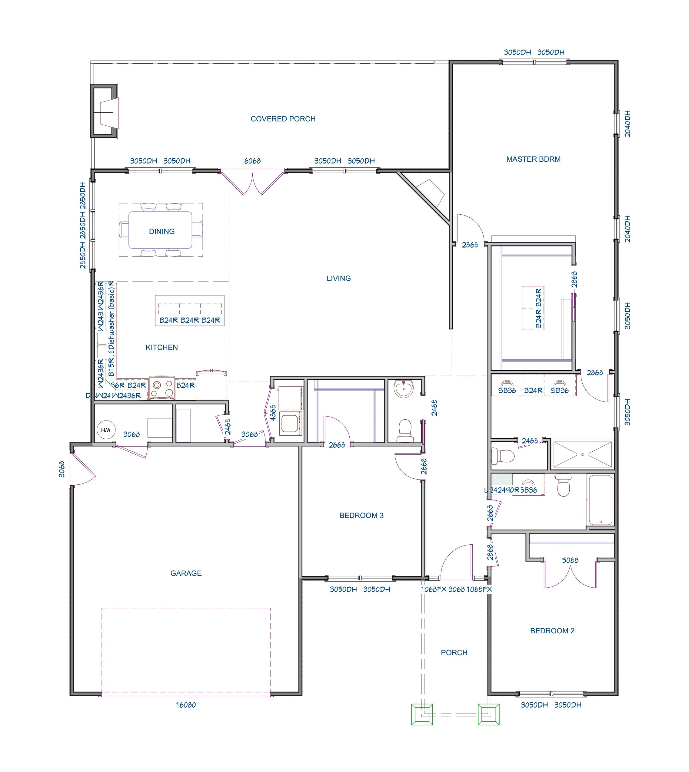 Floor plan of a house showing areas such as a covered porch, living room, dining area, kitchen, three bedrooms, bathrooms, a garage, and various doors and windows.